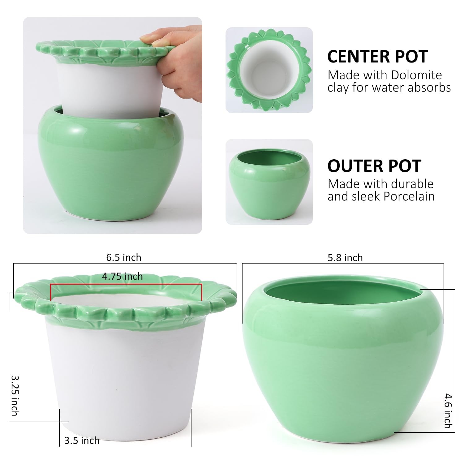 2pcs African Violet Planter Pot 6.5in Self Watering Green Ceramic Reservoir