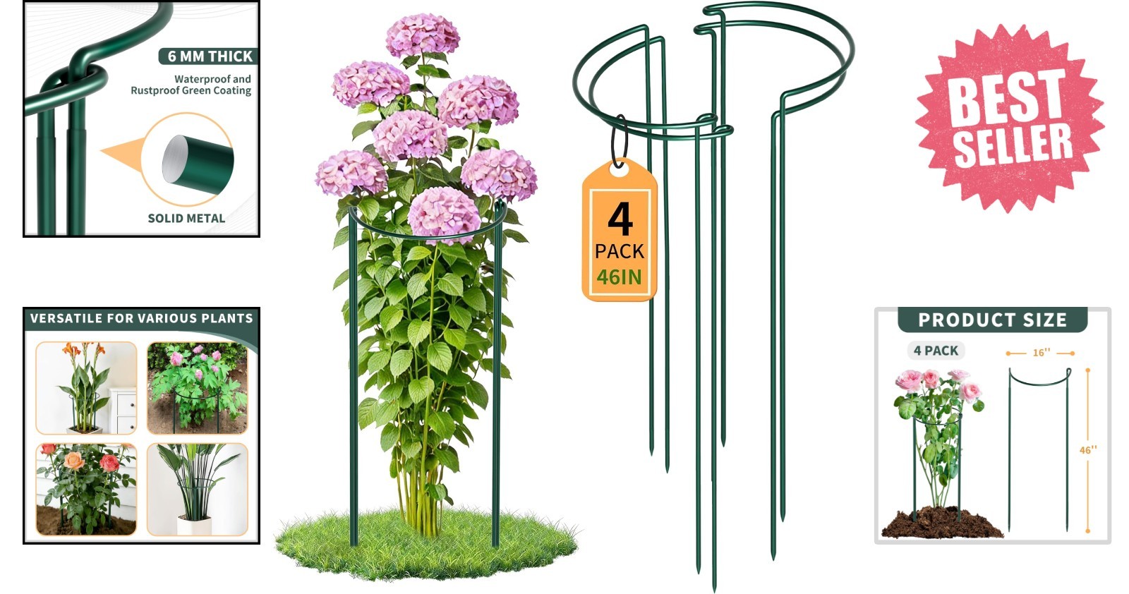 Rustproof 4 PCS Plant Supports – 16″Dx46″H for Tomatoes, Roses & Hydrangeas
