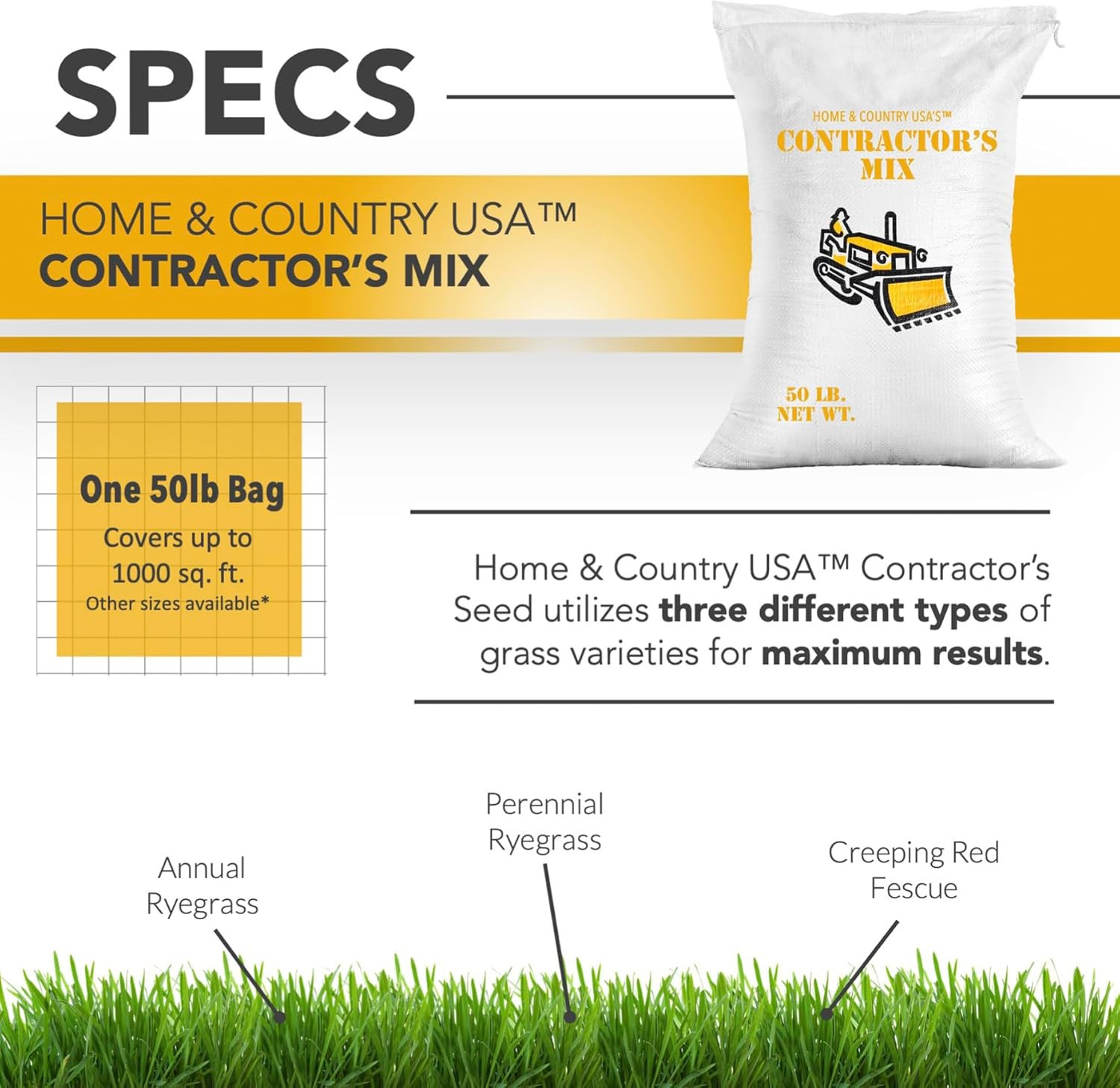 Contractors Choice Grass Seed 50Lb, Premium Lawn Seeds for Full Sun Shade Bare S