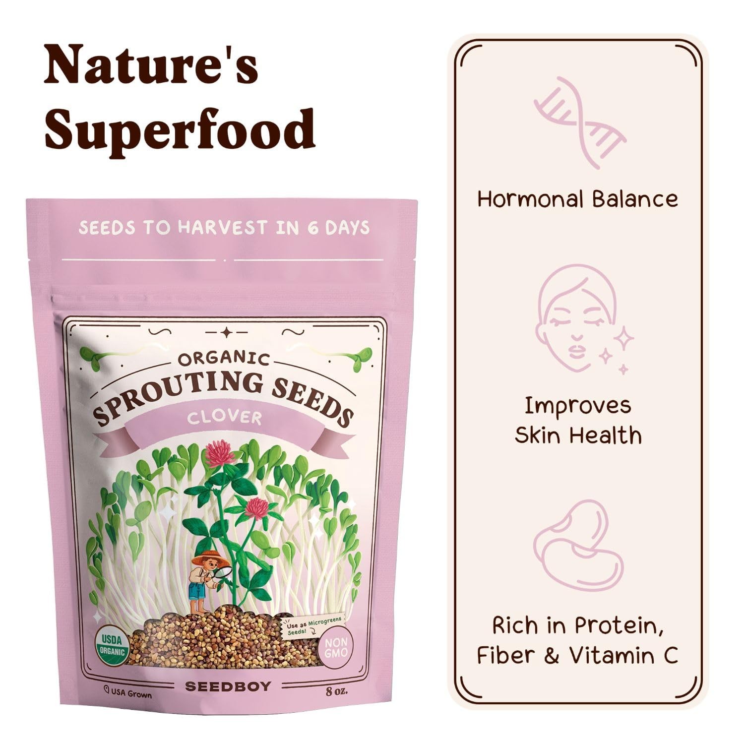 Seedboy Organic Non-GMO Clover Seeds for Sprouting – USA Grown Green