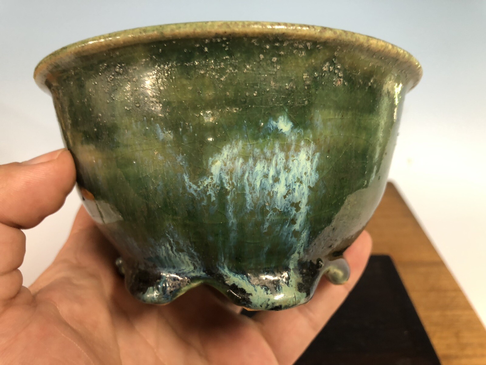 Green Blue Round Glazed Shohin Size Bonsai Tree Pot Fugushige Bushuan 5”