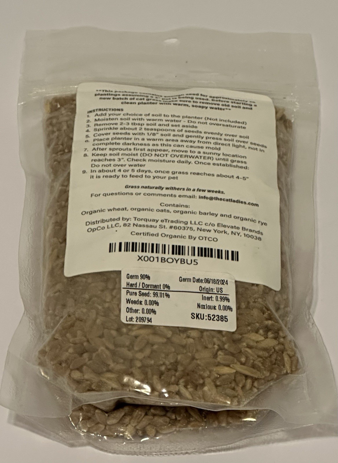 The Cat Ladies 100% Organic Cat 8oz Grass Seed Non GMO