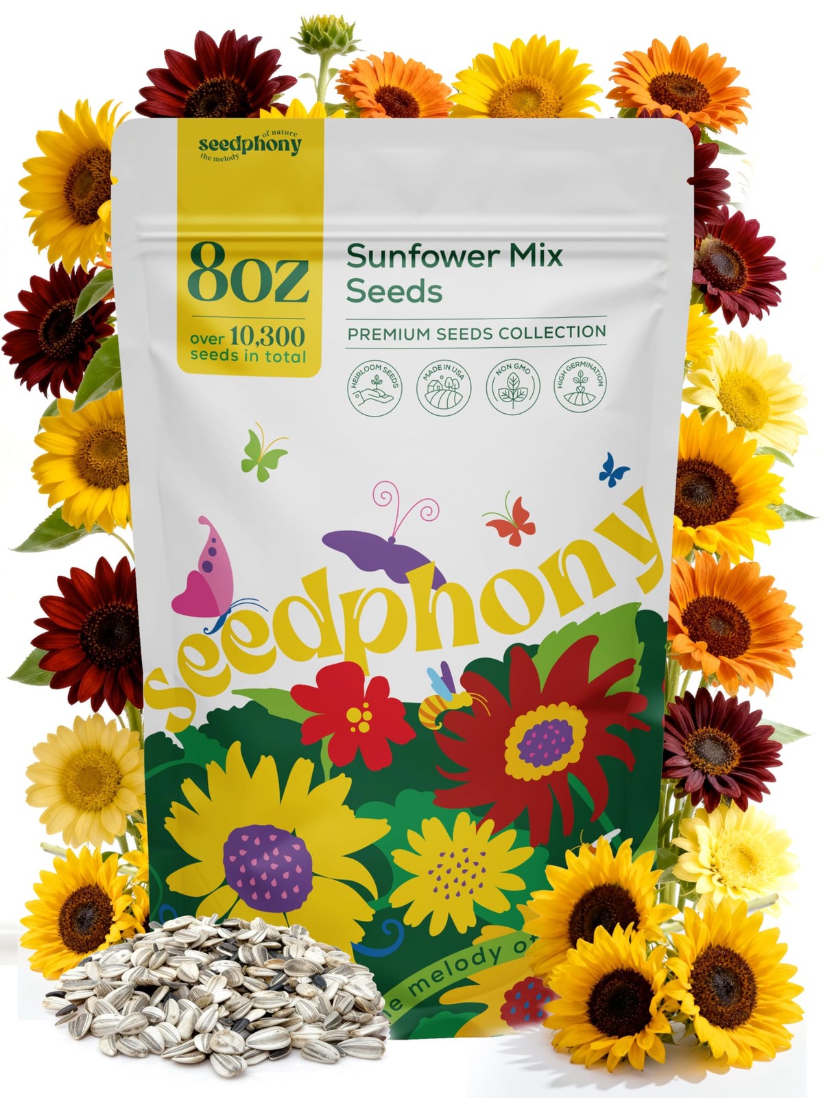 Seedphony Sunflower Mix 8oz, Red, Orange, Yellow, Purple, Dard Green