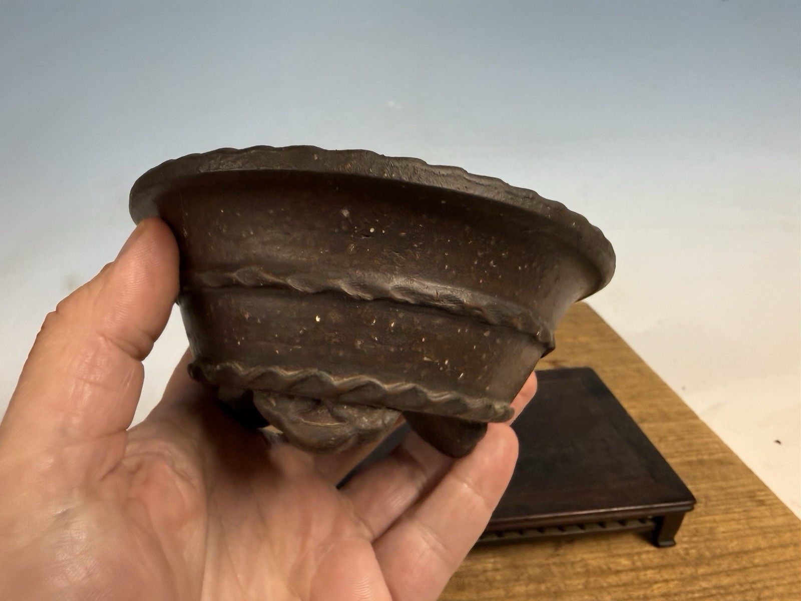 Japanese Unknown Maker Shohin Bonsai Tree Pot 5 1/16 By 2 1/4” Unglazed Oval
