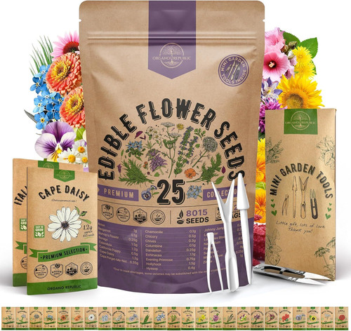 Organo Republic 25 Edible 25 Flower Seeds, White, Purple, Green, Blue