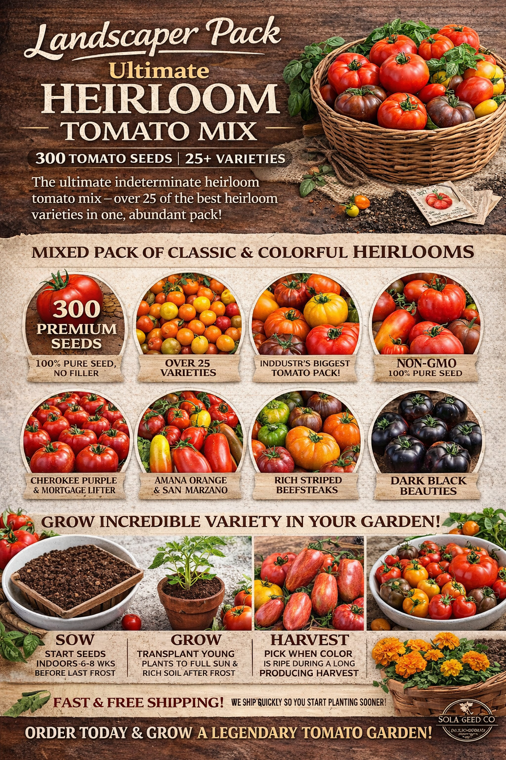 Landscaper’s Pack THE ULTIMATE TOMATO MIX over 25 varieties! Non-GMO 300 Seeds!
