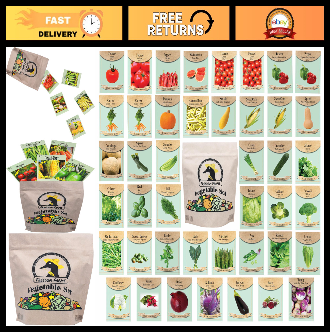 43 Assorted Vegetable & Herb Seed Packets – 10,000+ Seeds, Mylar Bag, Non-GMO