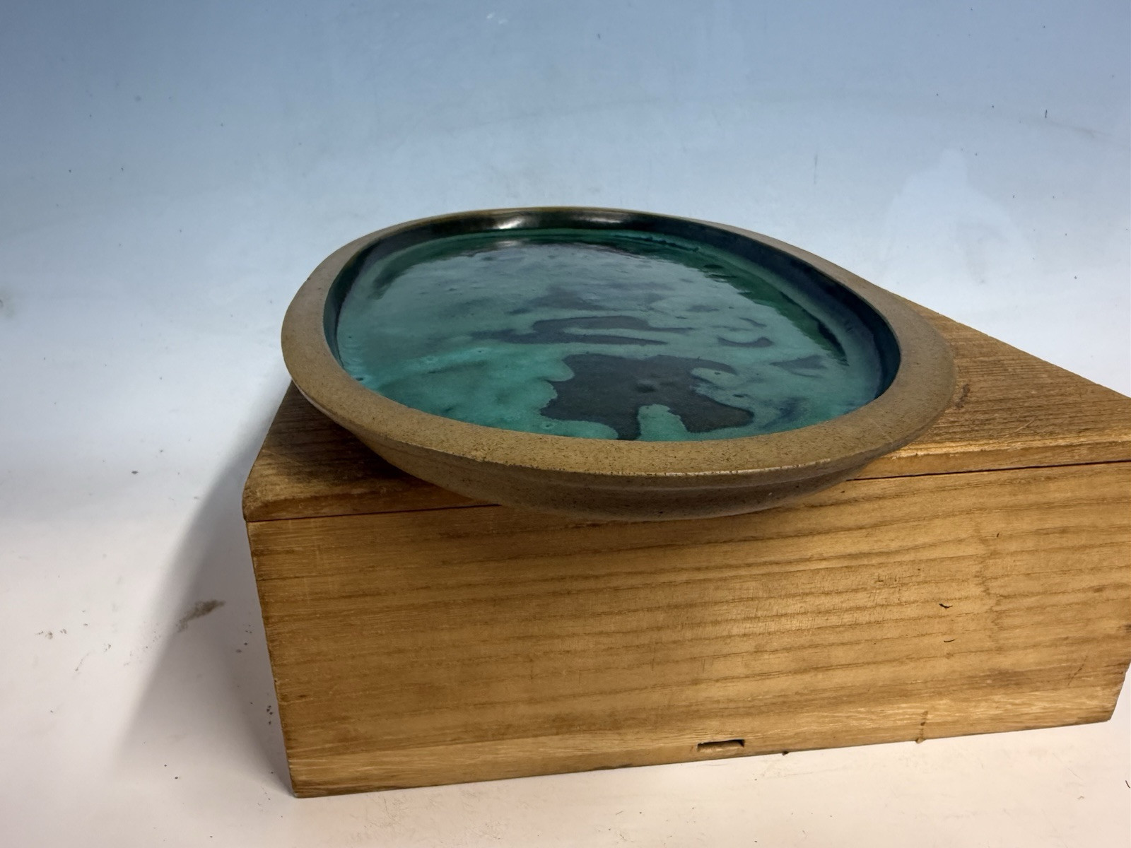 Green Blue Suiban For Suiseki Bonsai Tree Pot 14 1/4” By Maruhei Rare One!