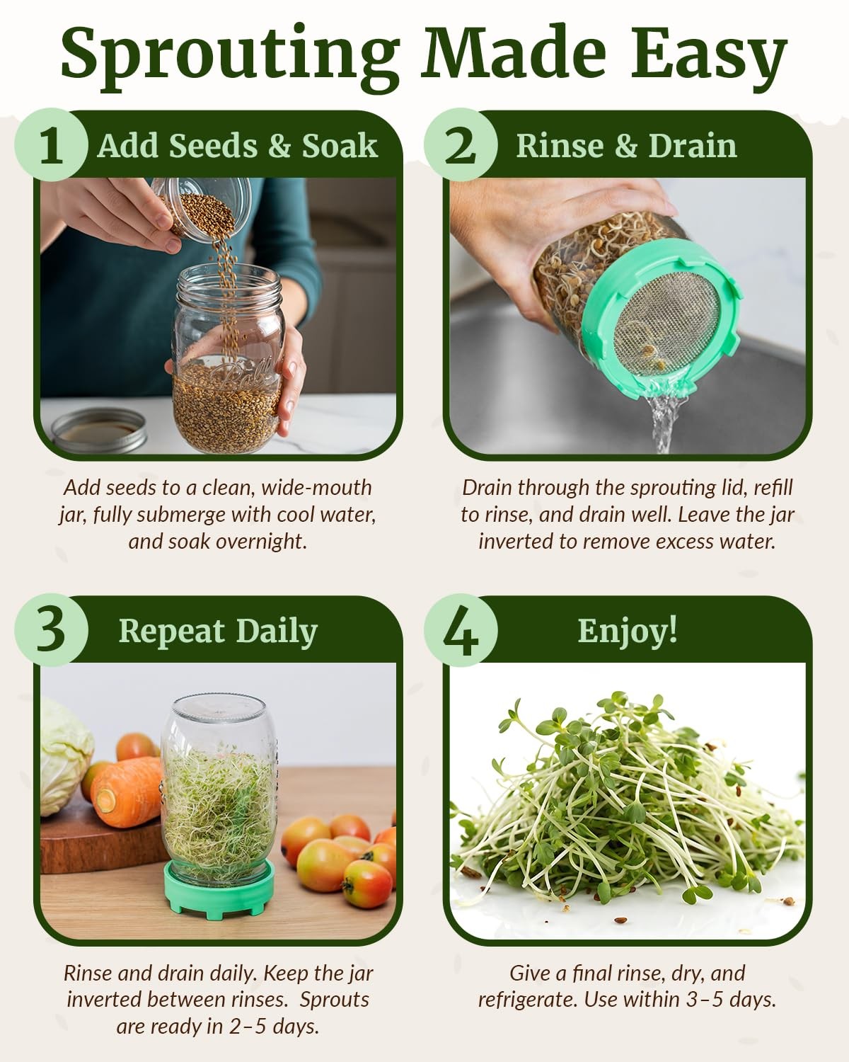 Elementi Sprouting Lids for Wide Mouth Mason Jars, Mushroom