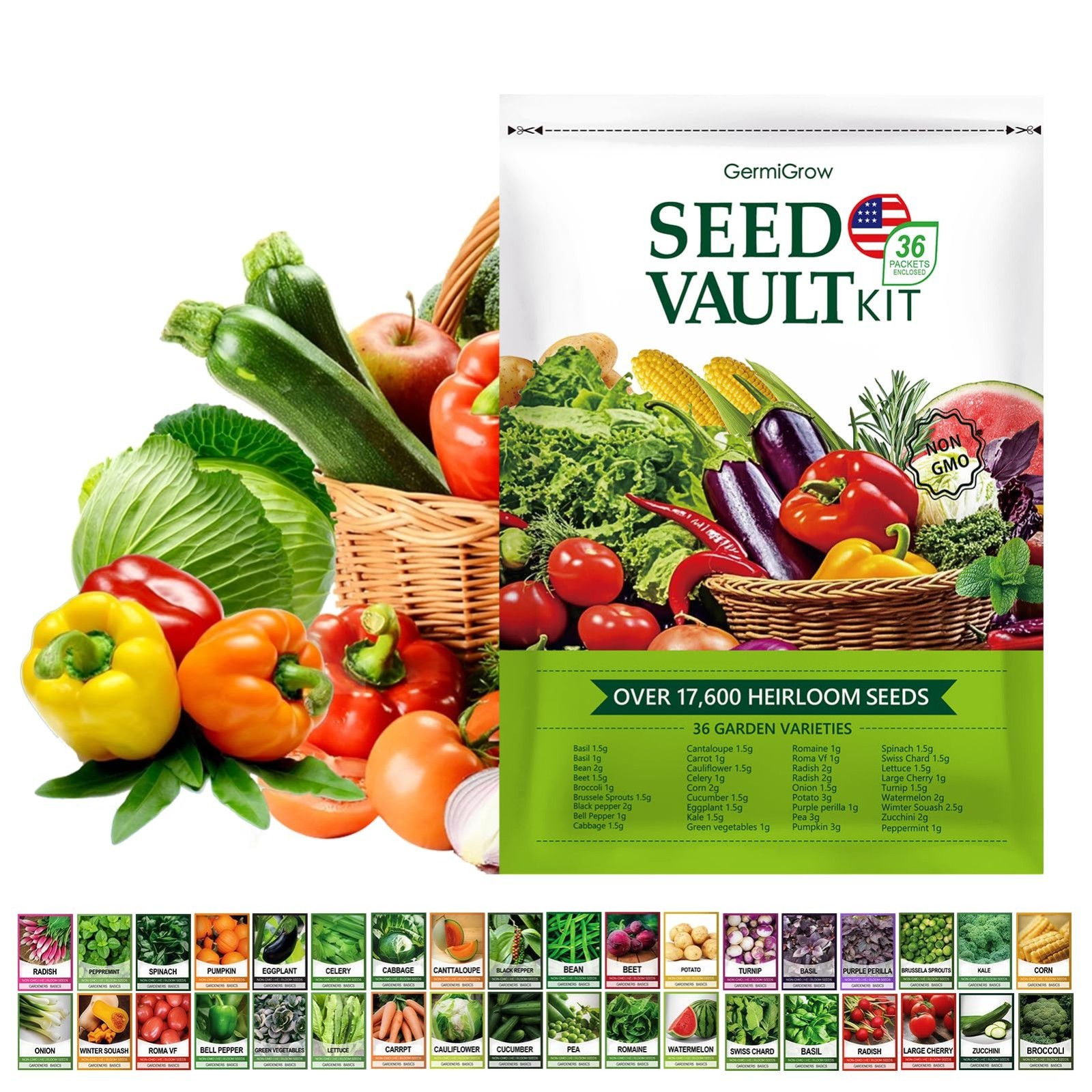 36 Vegetable Variety Pack – 17,600+ Non-GMO Heirloom Seeds for Indoor/Outdoor Ga