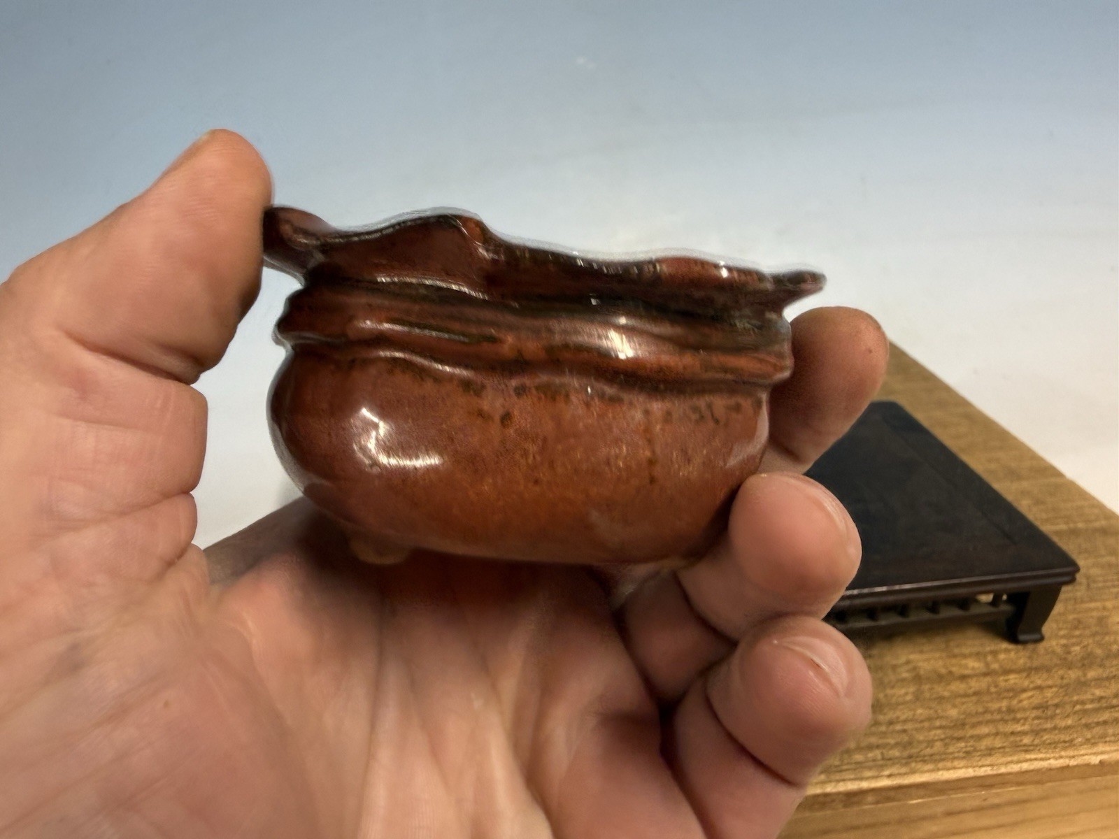 Japanese Unknown Maker Shohin Bonsai Tree Pot 3 1/8 By 1 3/4” Red Basket Glaze