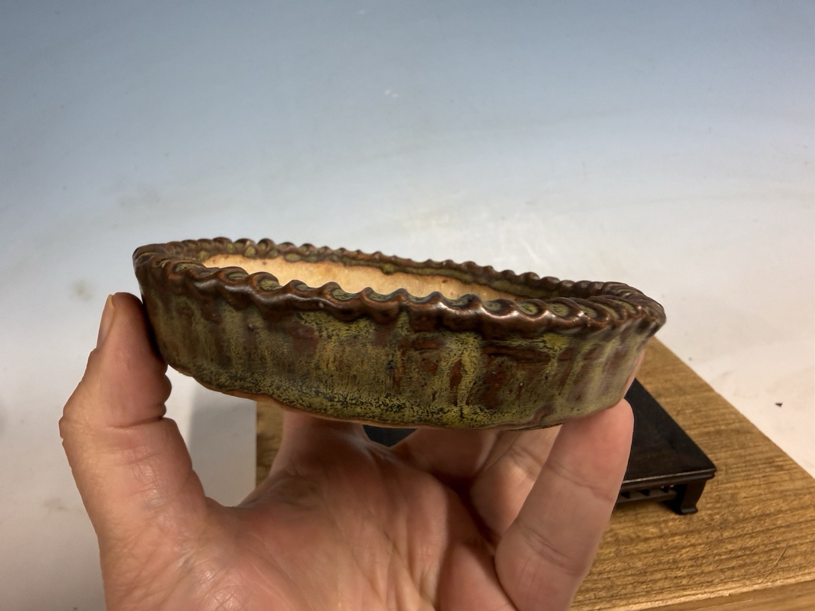 Japanese Unknown Maker Shohin Bonsai Tree Pot 5 1/4 By 1 1/8” Unique Glazed!