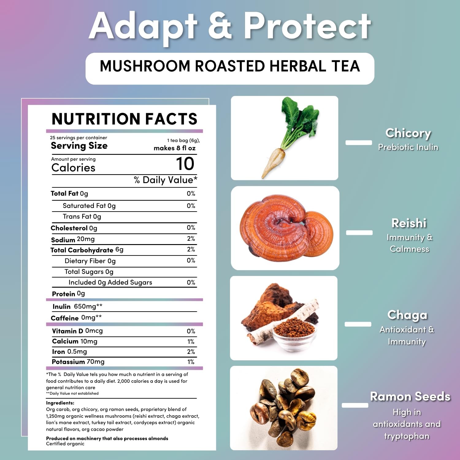 Teeccino Miraculous Mushrooms Adapt & Protect Herbal Tea 25 Count (Pack of 1)