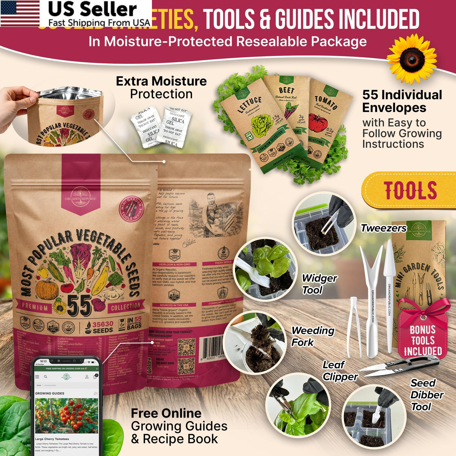 55 Vegetable Seeds Variety Pack – 35,600+ Non-GMO Green, Red, Purple, Yellow