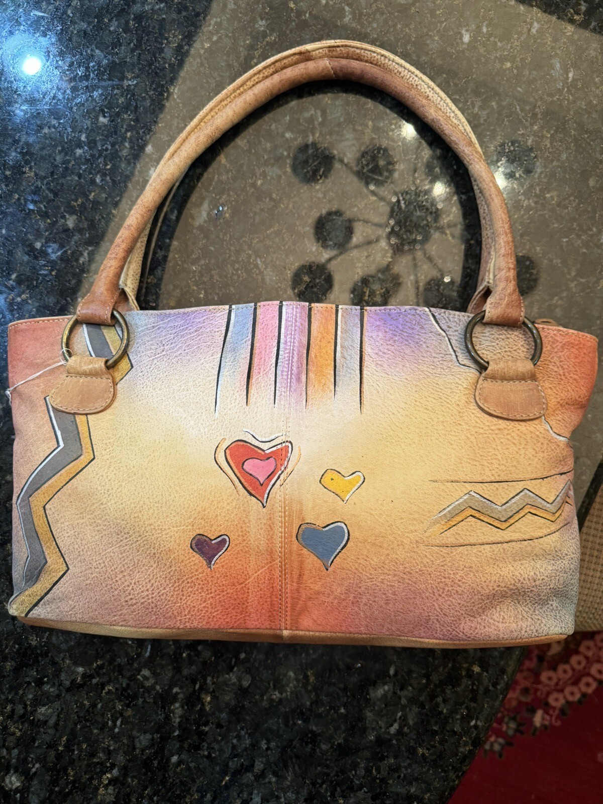 Leather purse with hand painted cow boy and hearts, beige, blue, one of a kind