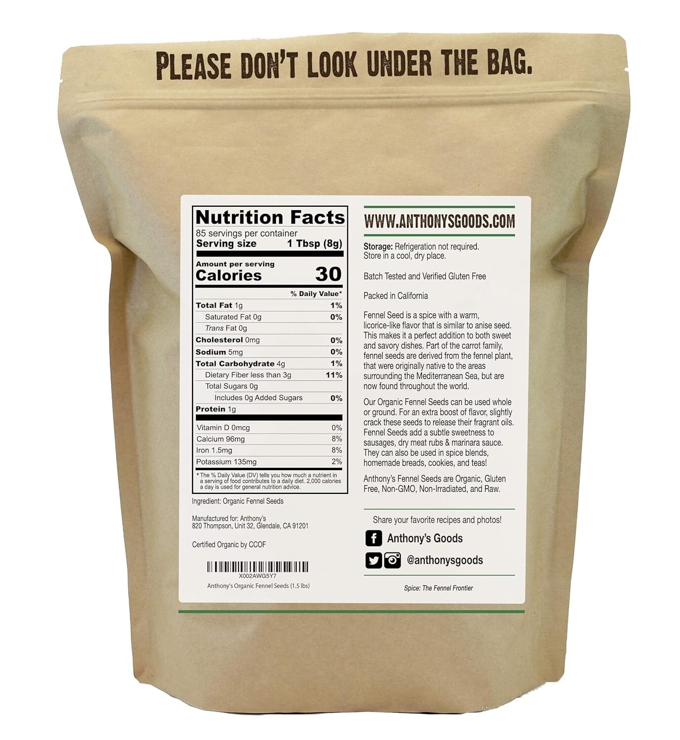 Organic Fennel Seeds, 1.5 lb – Non-GMO, Gluten-Free, High-Quality Spice