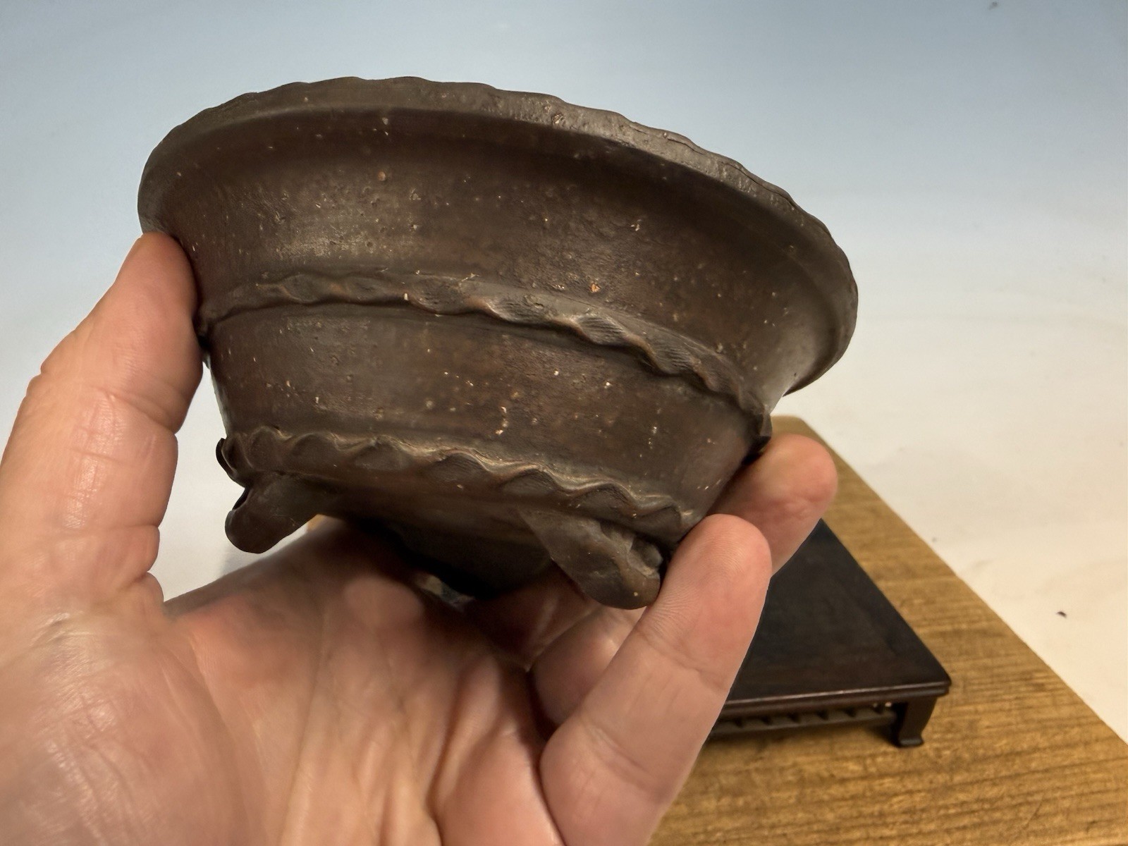 Japanese Unknown Maker Shohin Bonsai Tree Pot 5 1/16 By 2 1/4” Unglazed Oval