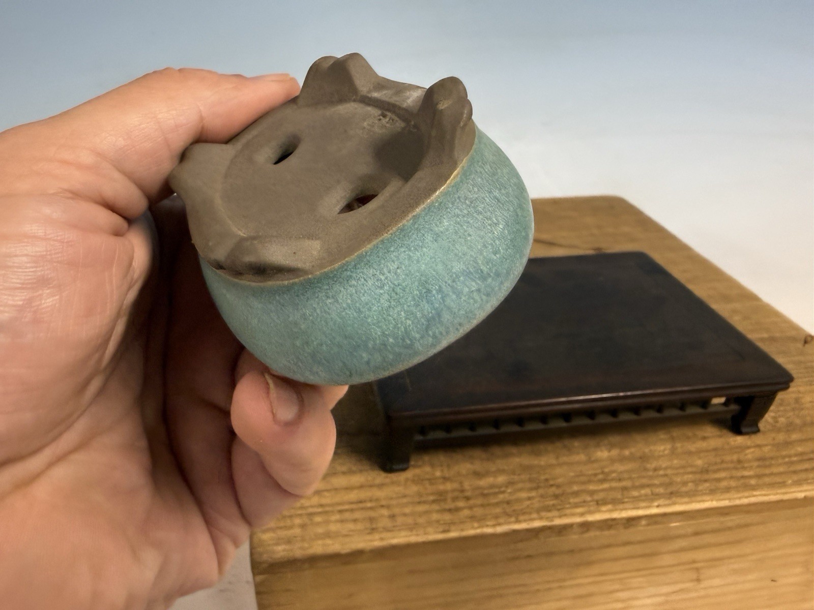 Japanese Unknown Maker Shohin Bonsai Tree Pot 3 1/8” Blue Glazed