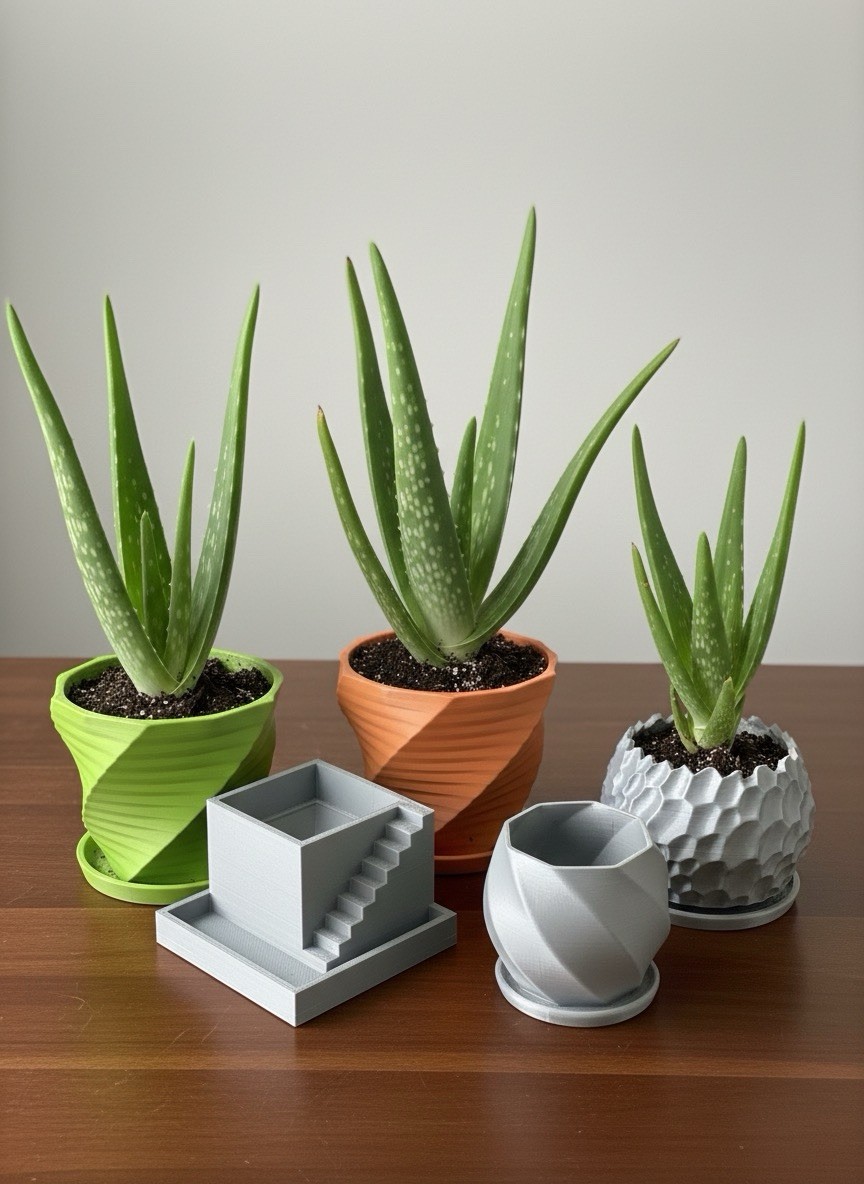 Aloe Vera 1 Live Plant 5”-10″ bare root + 3D Printed Planter (Color Varies)