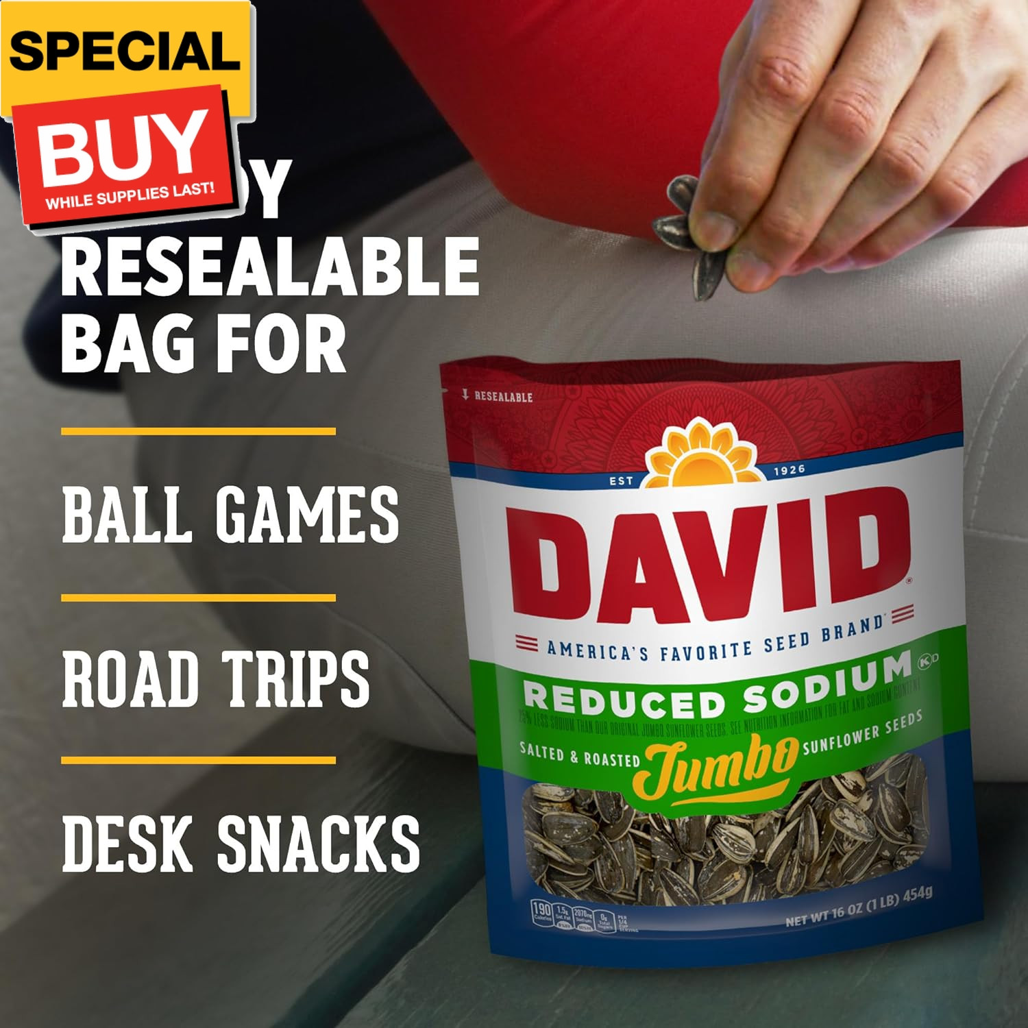 DAVID Reduced Sodium Jumbo Sunflower Seeds, 16 oz. (Pack of 5)