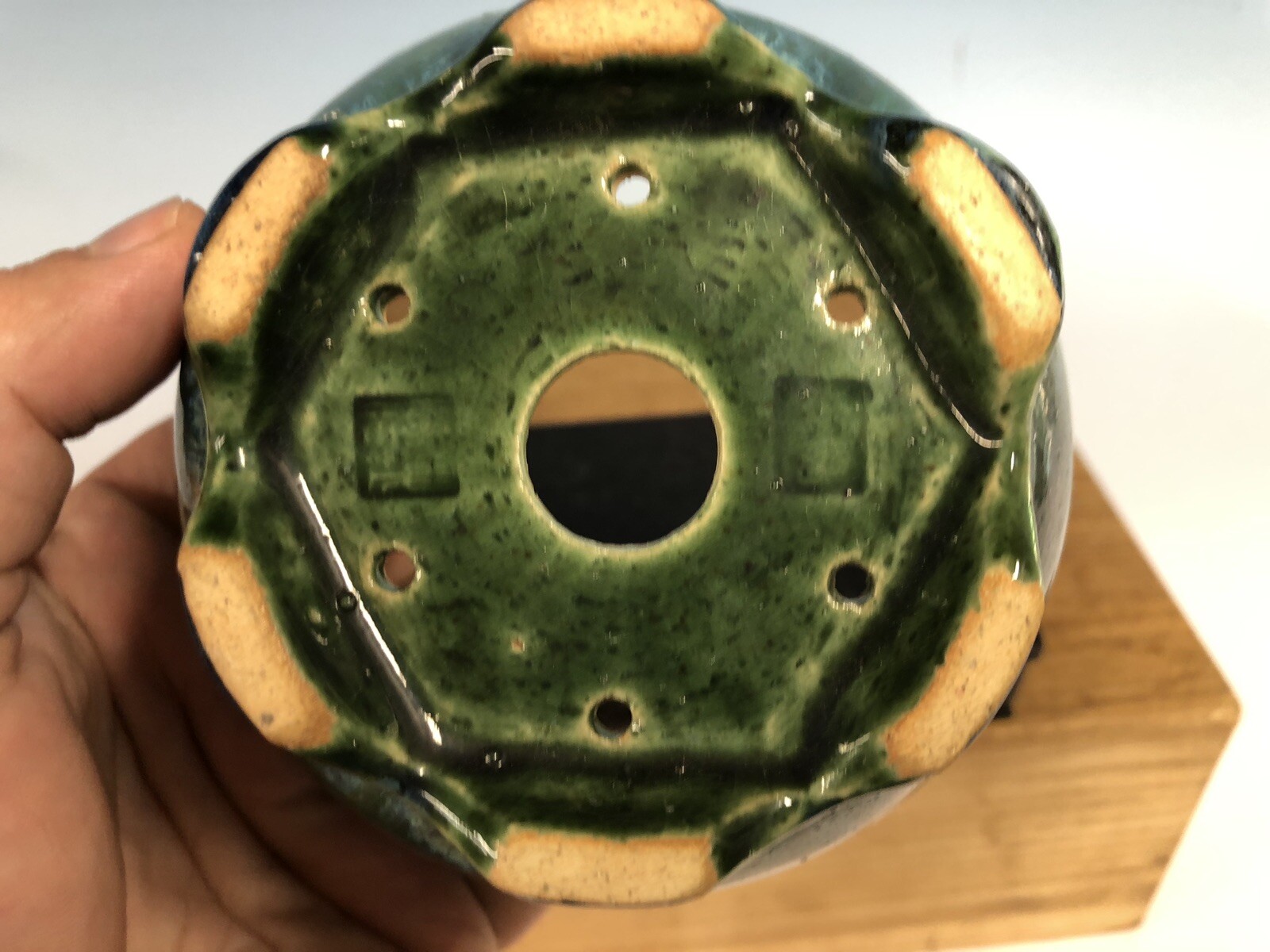 Green Blue Round Glazed Shohin Size Bonsai Tree Pot Fugushige Bushuan 5”