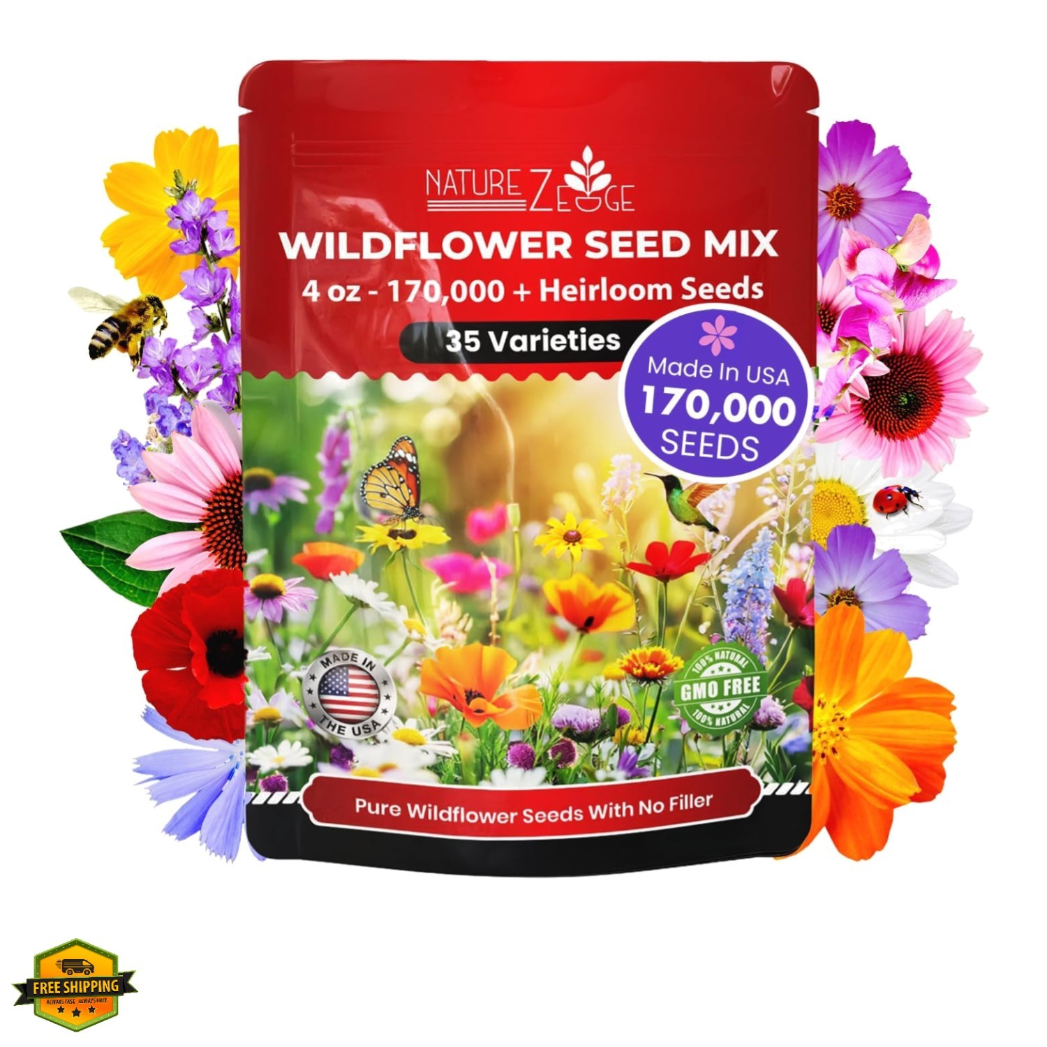 Wildflower Seeds Mix – 1/4 lb, 170,000 Seeds, 35 Variety Perennial & Annual F…