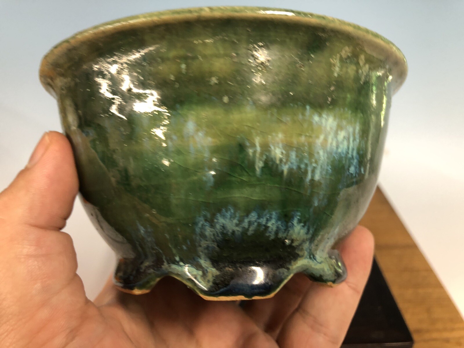 Green Blue Round Glazed Shohin Size Bonsai Tree Pot Fugushige Bushuan 5”