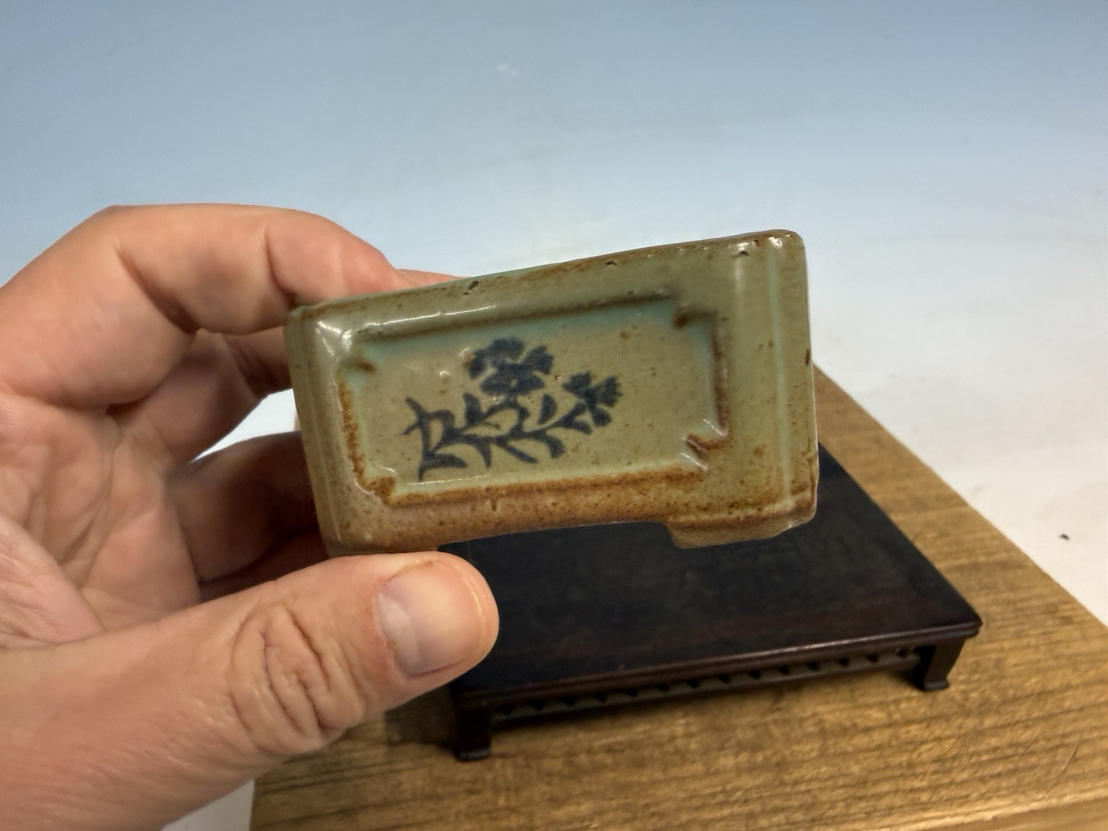 Japanese Unknown Maker Shohin Bonsai Tree Pot 3” Glazed With Motif #1