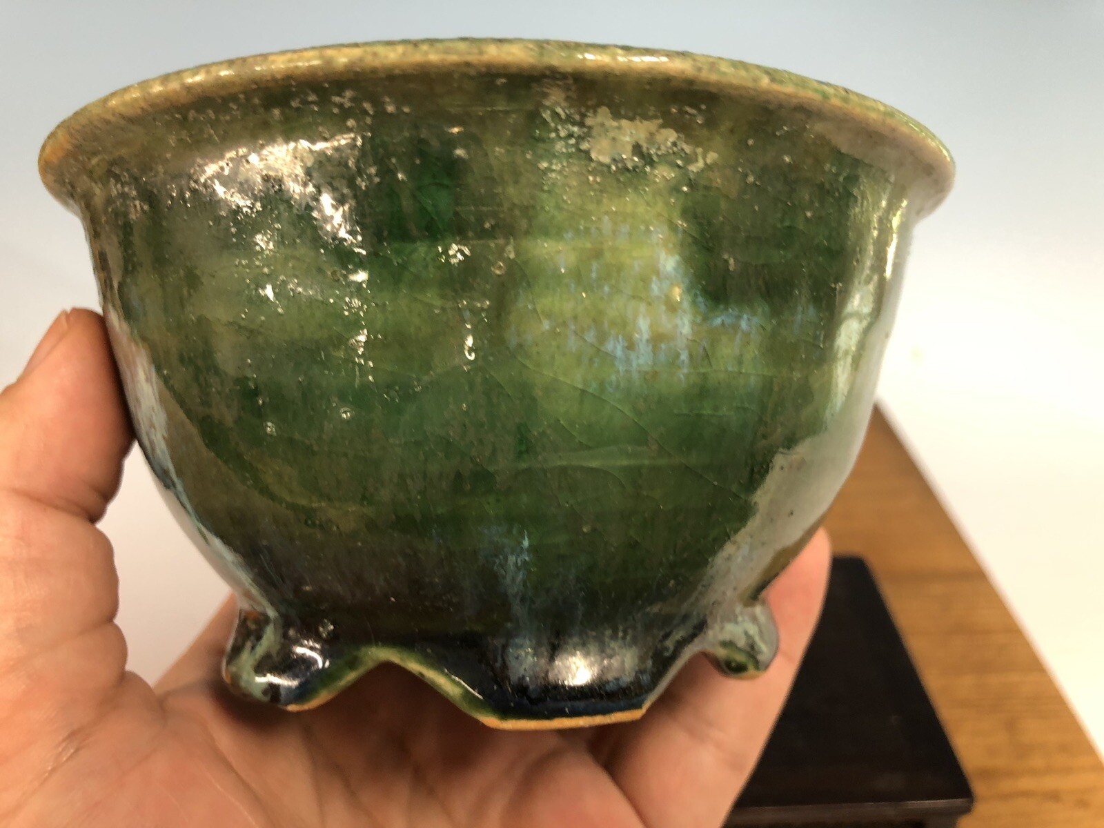 Green Blue Round Glazed Shohin Size Bonsai Tree Pot Fugushige Bushuan 5”