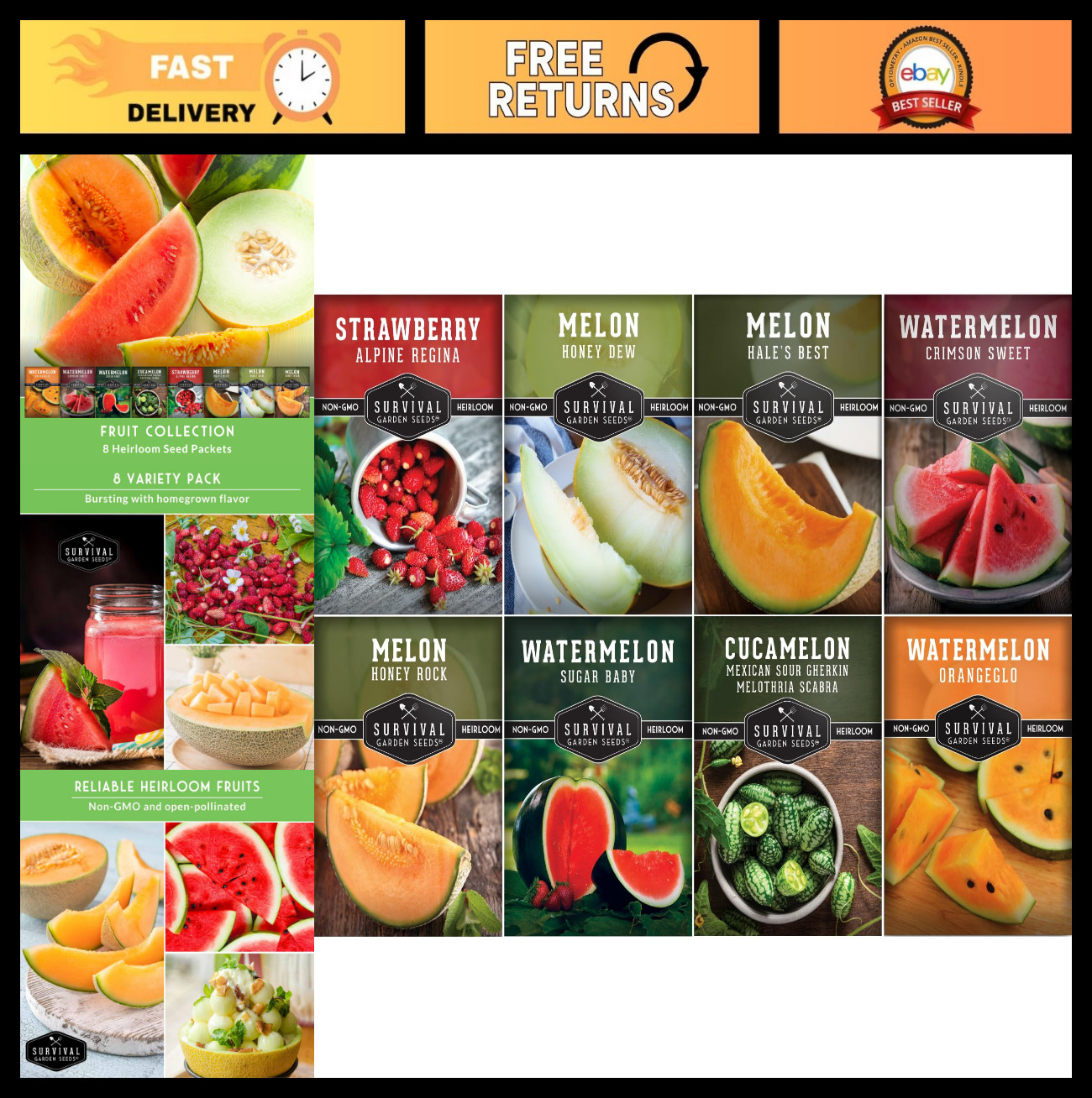 8 Variety Fruit Seeds Pack – Watermelon, Cantaloupe, Strawberry & More – Non-GMO