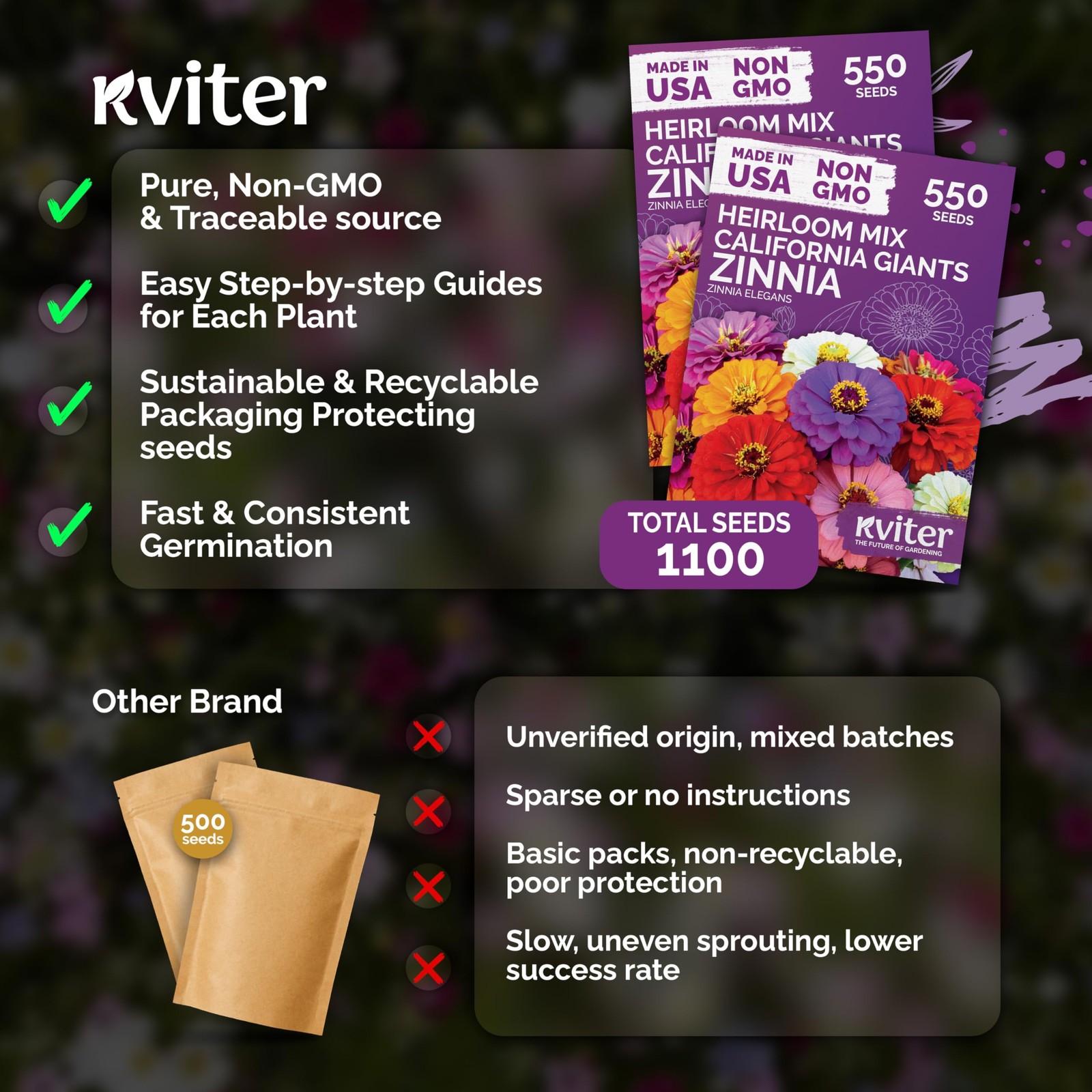 KVITER 1,100 Mix California Giant Zinnia Seeds (Zinnia Elegans), 2 Pack