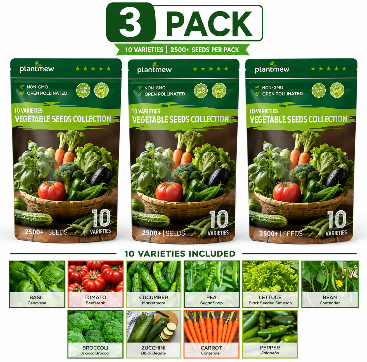 10 Vegetable Seeds Pack – Heirloom – Basil, Snap Pea, Broccoli, Bean, Jalapeo Pe