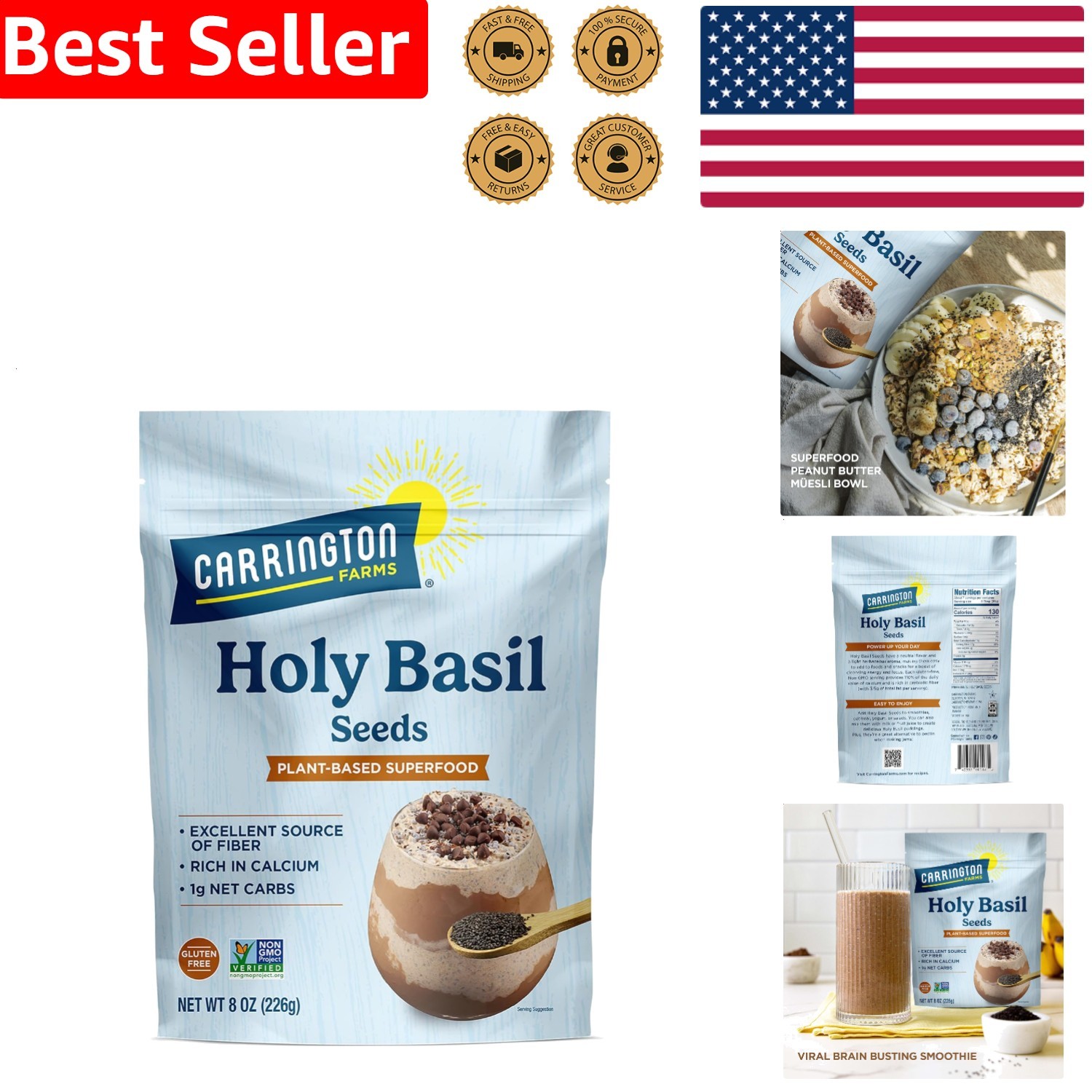 Whole Holy Basil Seeds 8oz – Daily Nutrition, Stress Support, , Paleo Diet