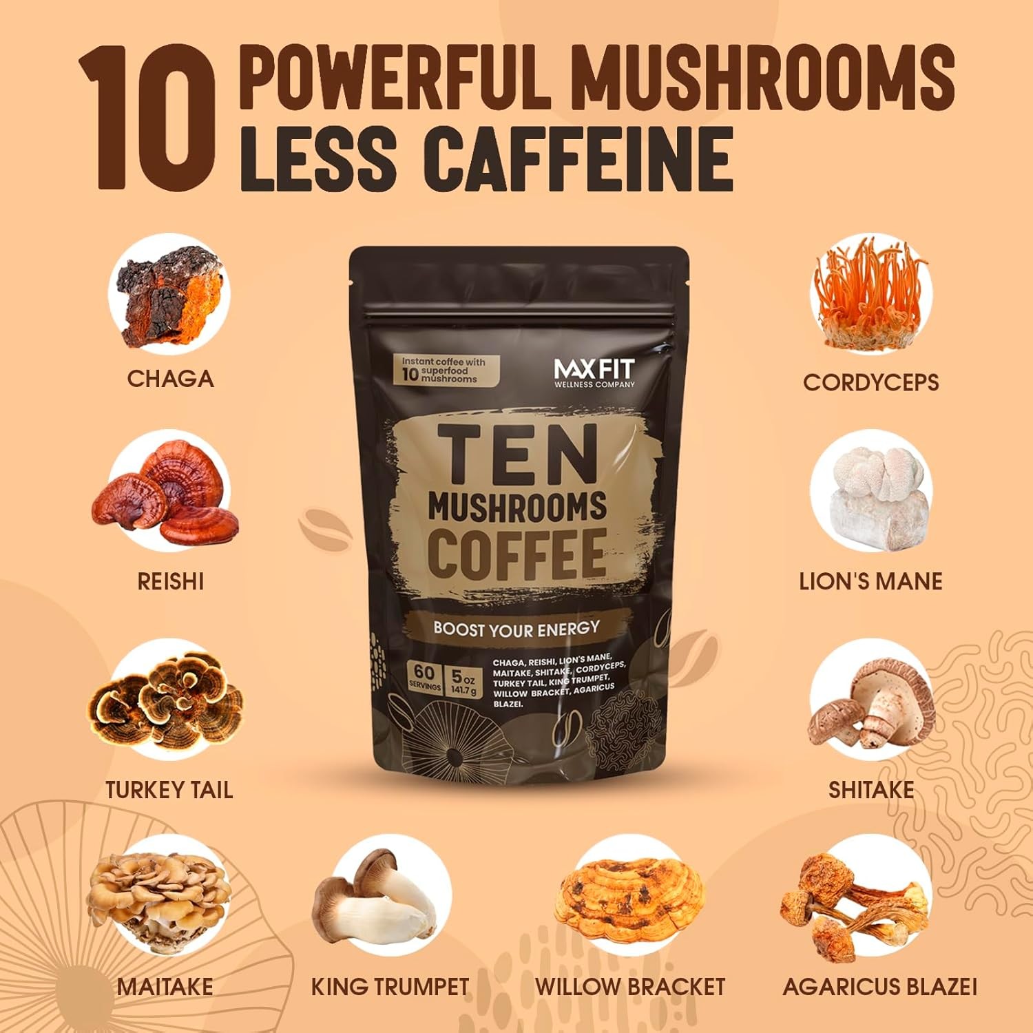 Mushroom Coffee (60 Servings) 10 Mushrooms (Lion’s Mane, Cordyceps, Turkey…
