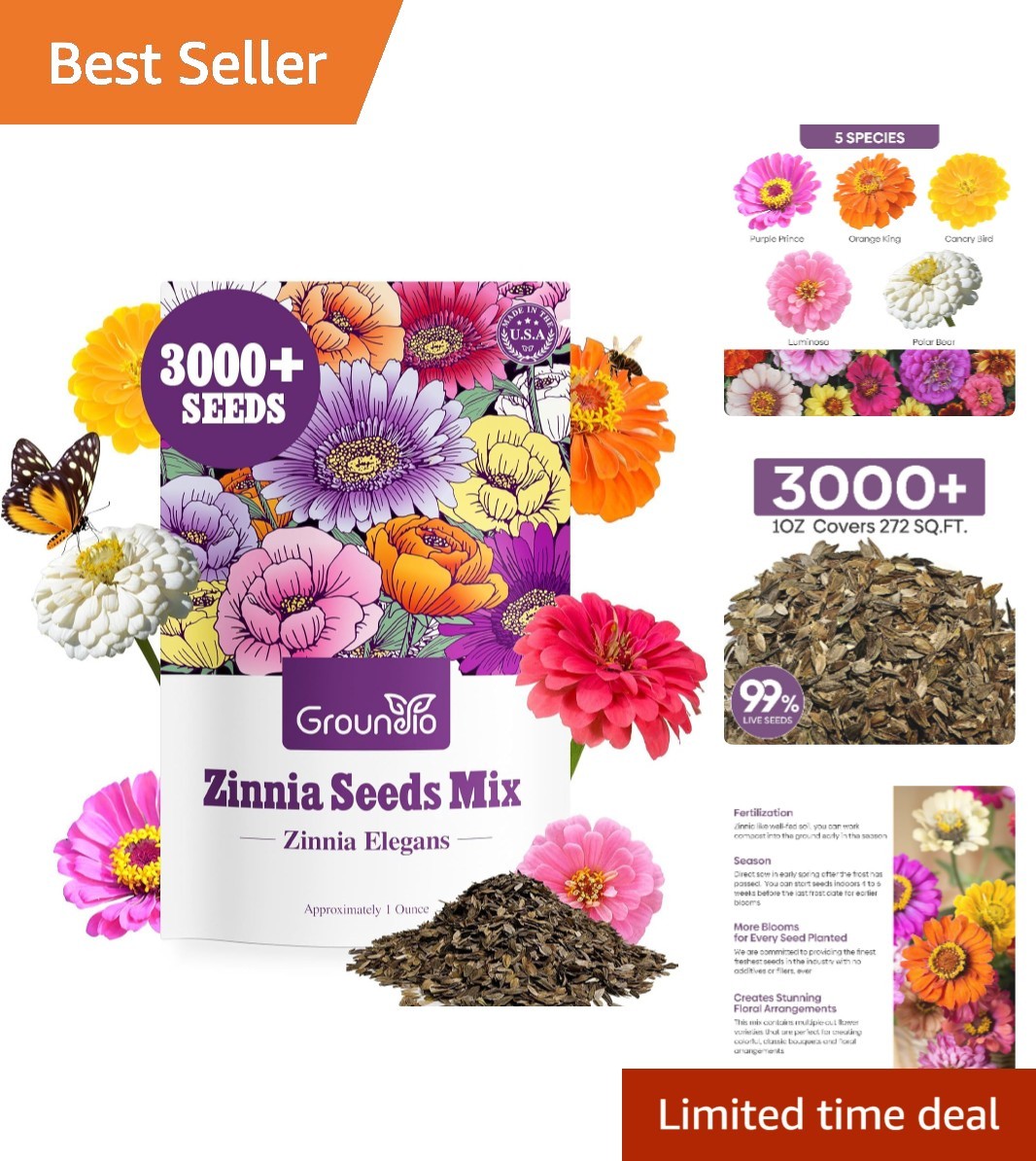 Vibrant Zinnia Seeds Mix – 3,000 Seeds in 5 Colors for Your Flourishing Garden