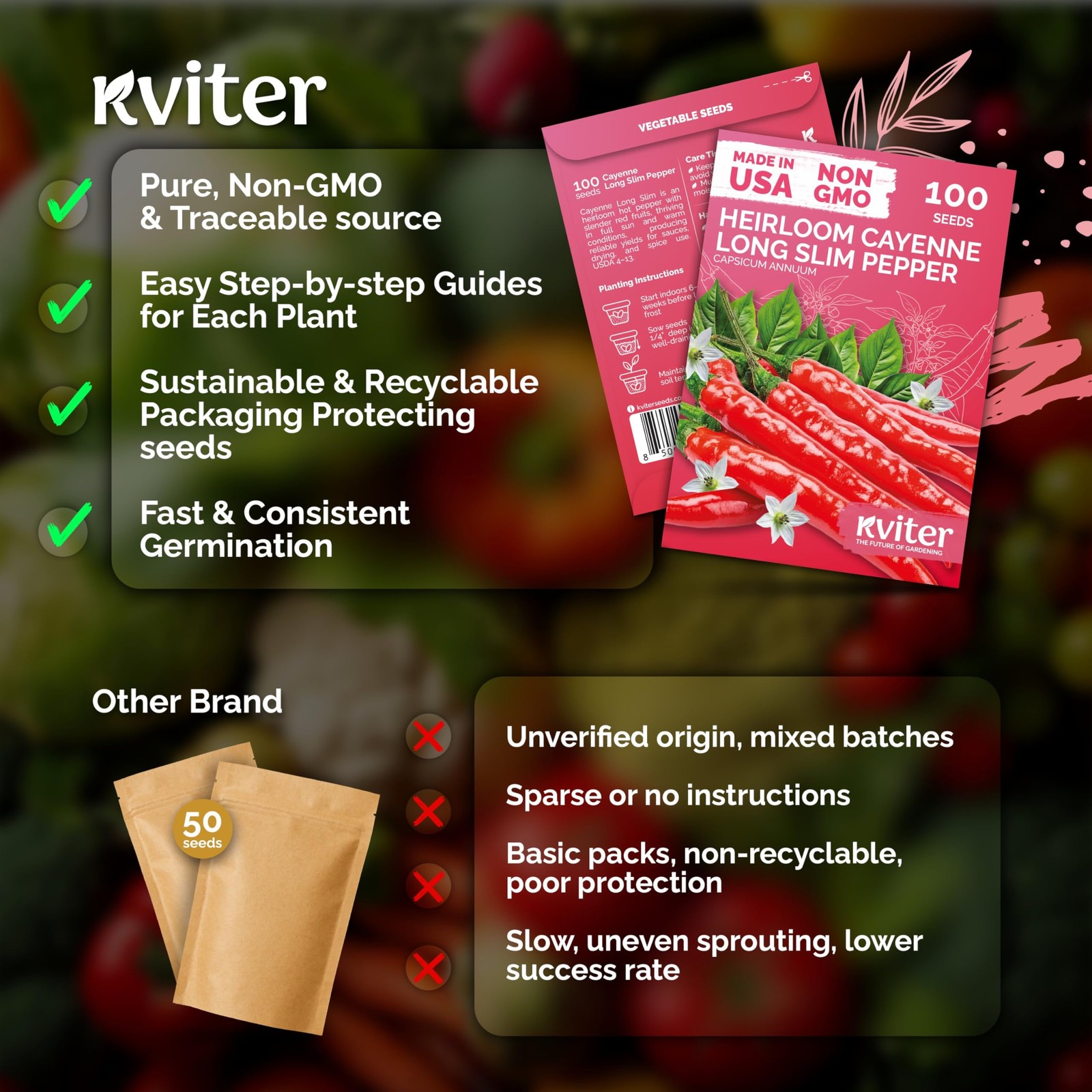 KVITER Cayenne Long Slim Hot Pepper Seeds 100