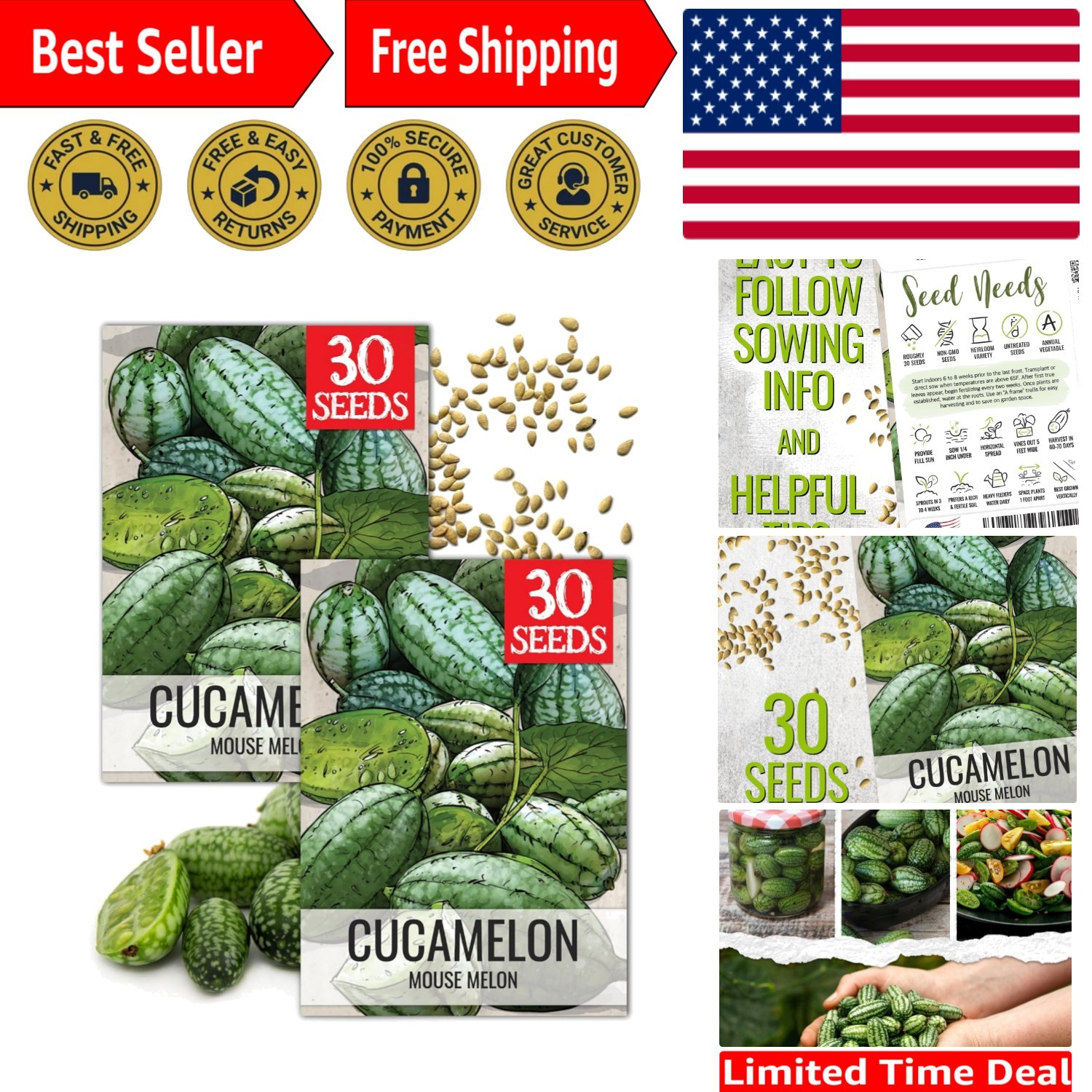 Cucamelon Seeds – Non-GMO Heirloom Mexican Sour Gherkins, 2 Packs for Gardening