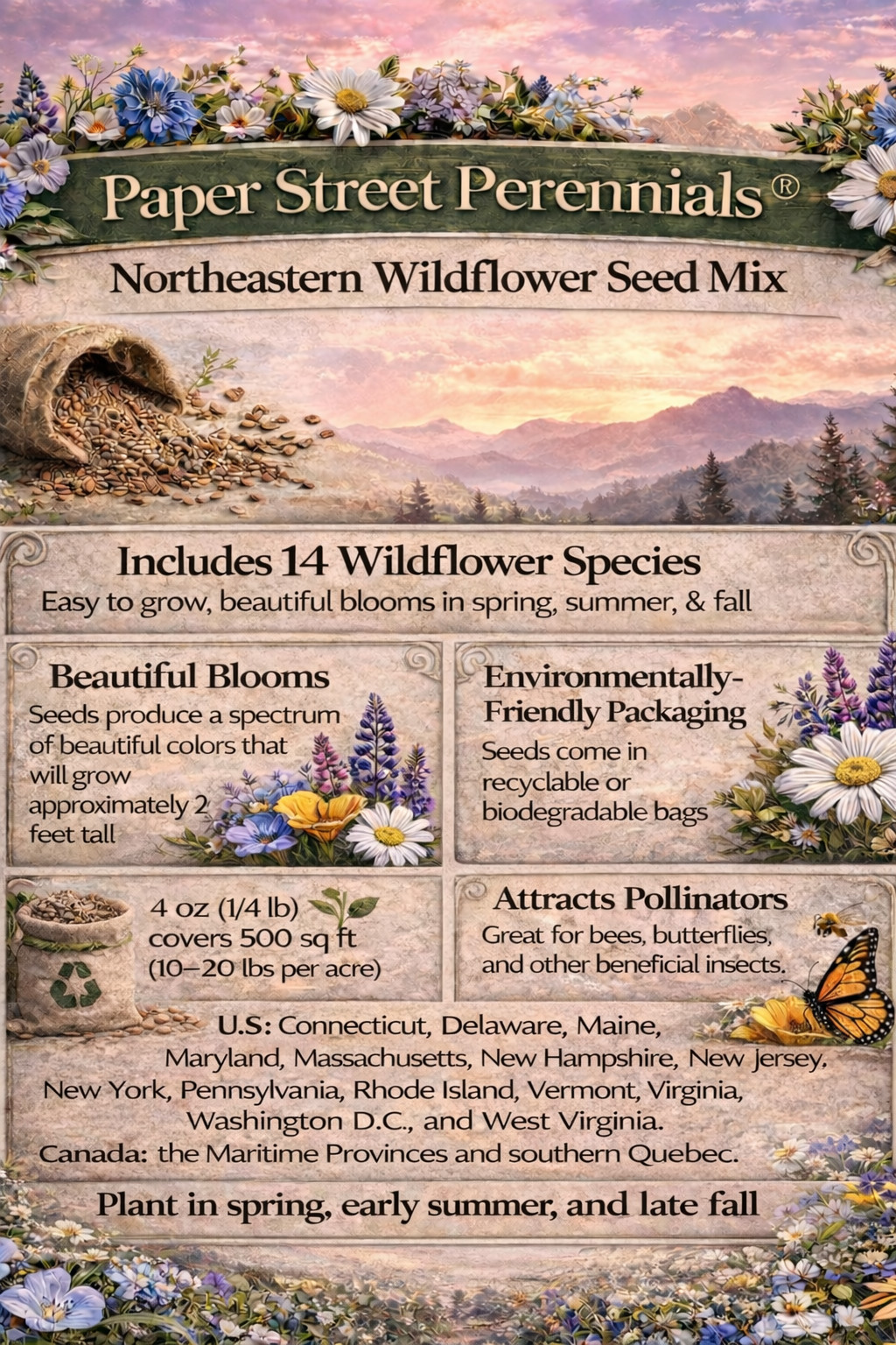 Maine Wildflower Seed Mix 1 lb Covers 2,000 Sq Ft Pollinator Garden Seeds