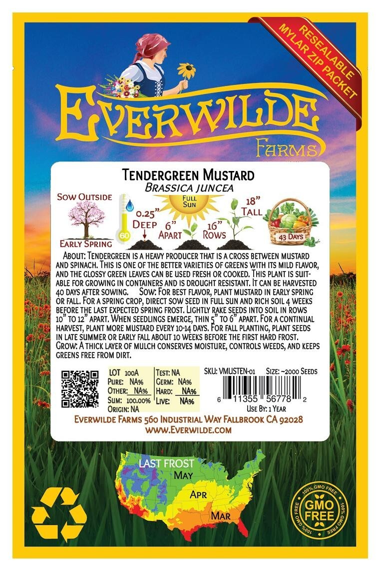 2000 Tendergreen Mustard Seeds – Everwilde Farms Mylar Seed Packet