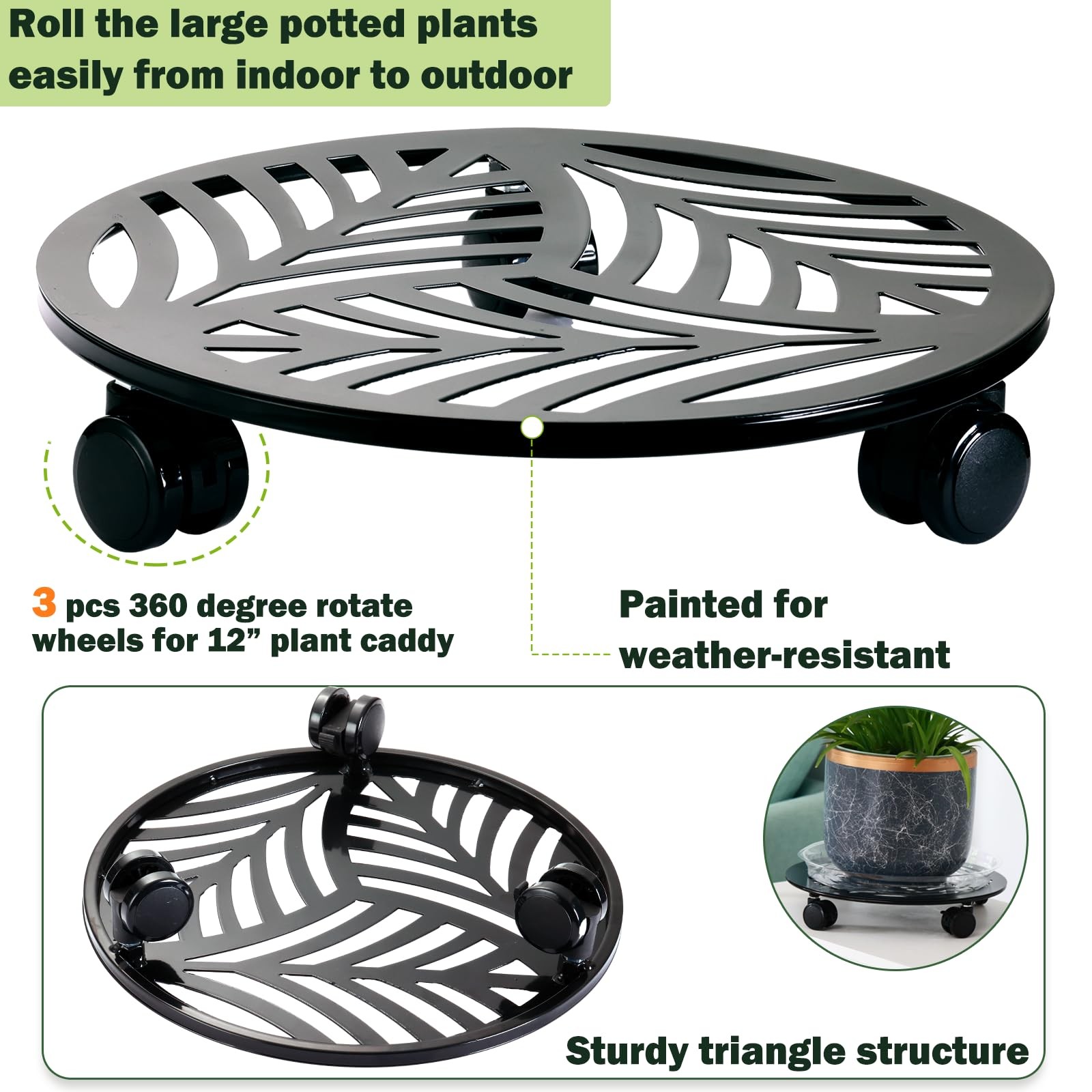 5-Packs 12″ Large Metal Plant Caddy w/ PU Wheels Heavy-Duty Wrought Iron Rolling