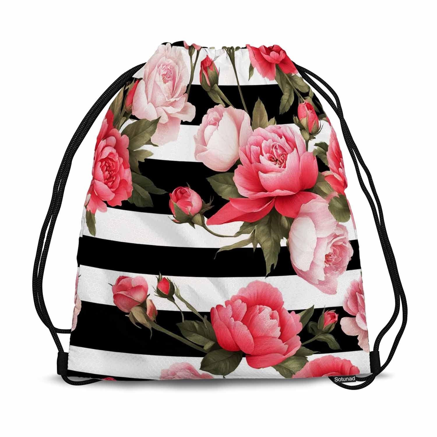 Wild Flower Pink Peony Roses Black White Stripes Vintage Style Green Leaf Dra…