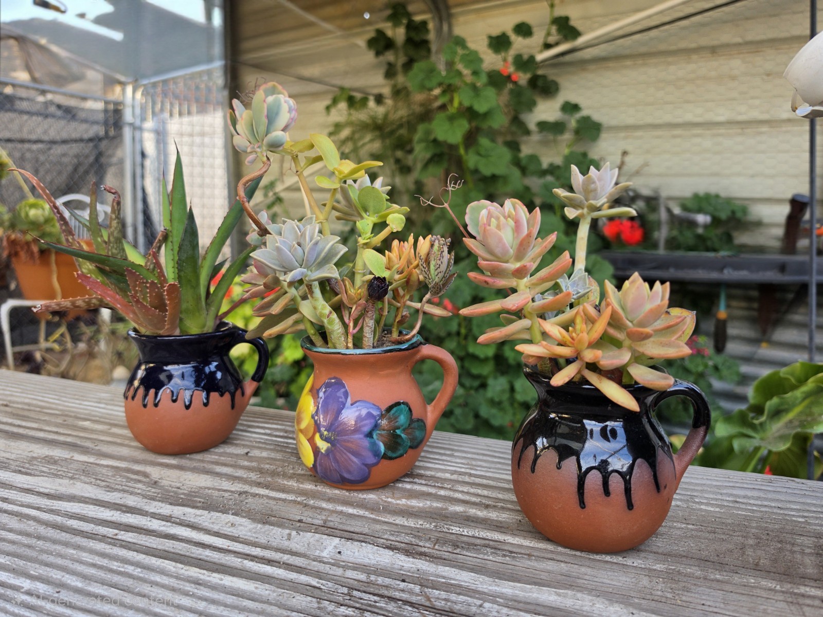 Set of 3 Live Succulent & Aloe Hand Painted Clay Pot Home Garden Decor RARE ART