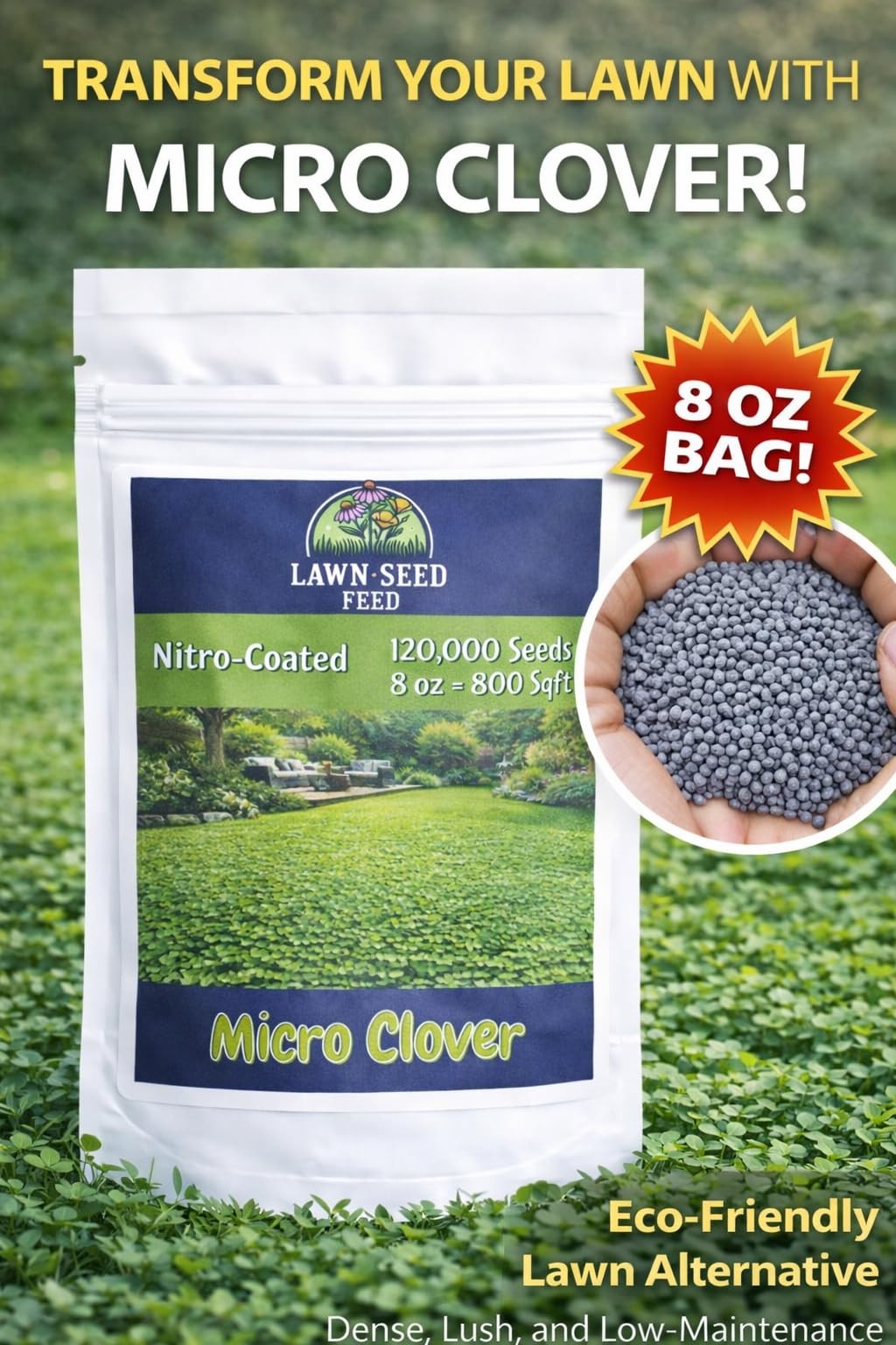 Lawn Seed Feed Micro Clover – 8Oz Nitro-Coated 120000 Total Seed – Transform