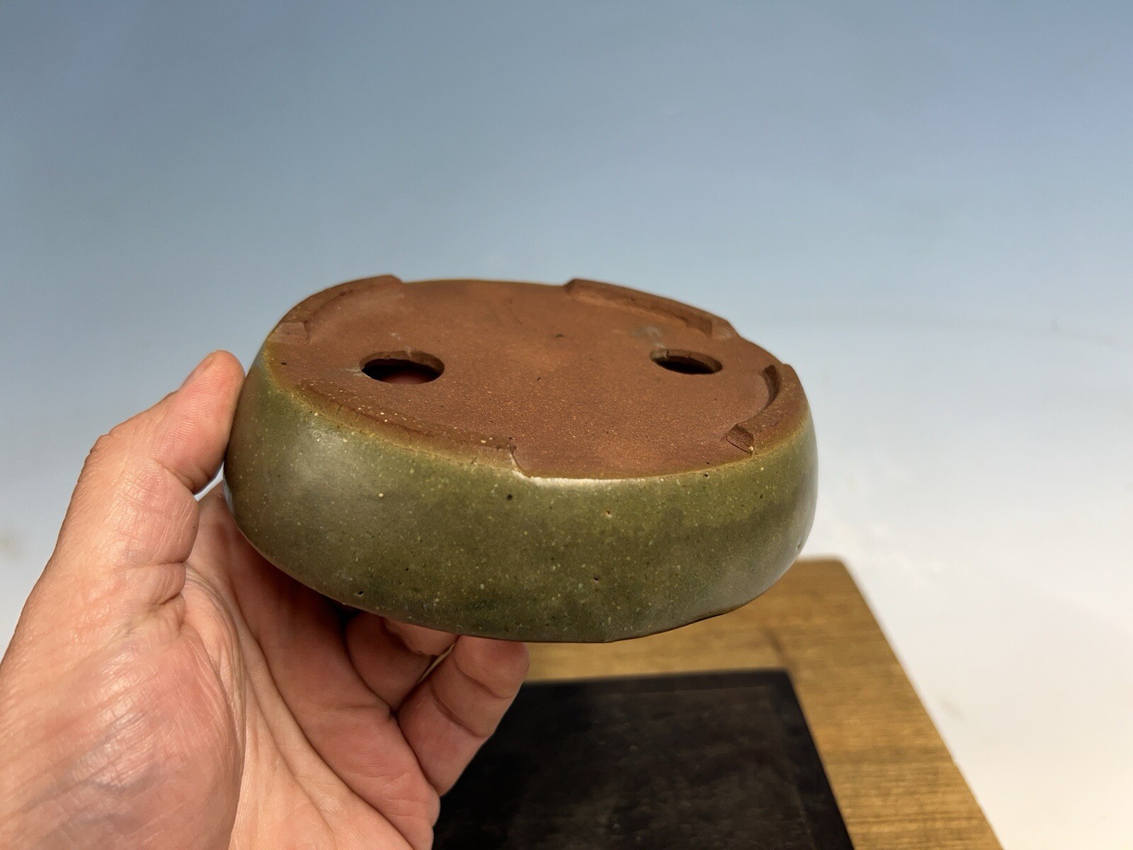 Green Blue Glazed Shohin Size Tokoname Bonsai Tree Pot Yozan 5 5/8” Great Patina