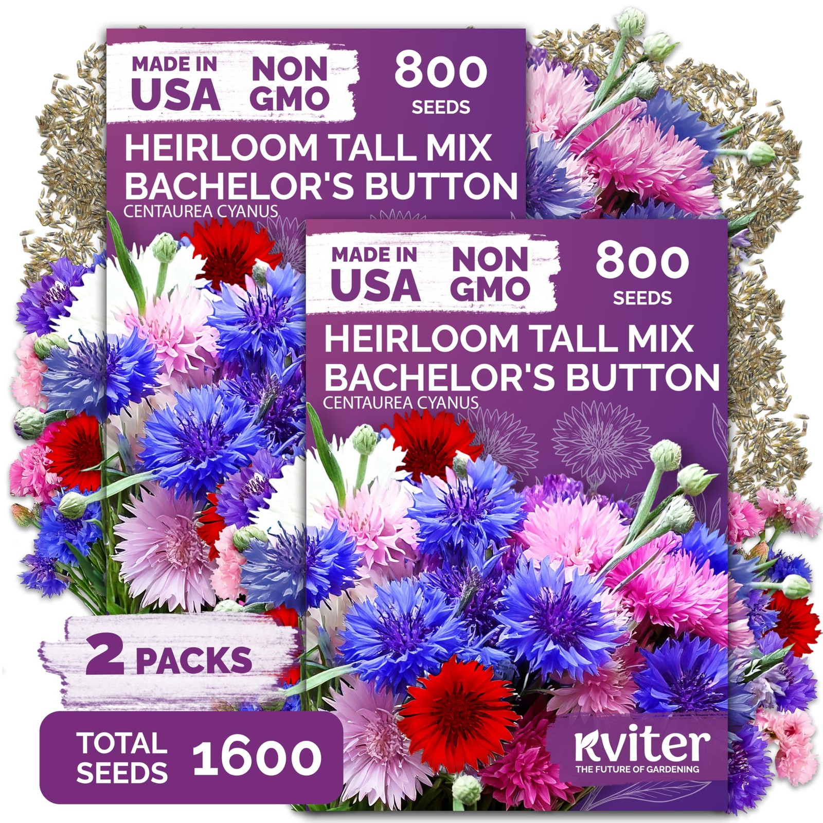 KVITER 1,600 Mix Bachelor Button Seeds (Centaurea cyanus), 2 Pack