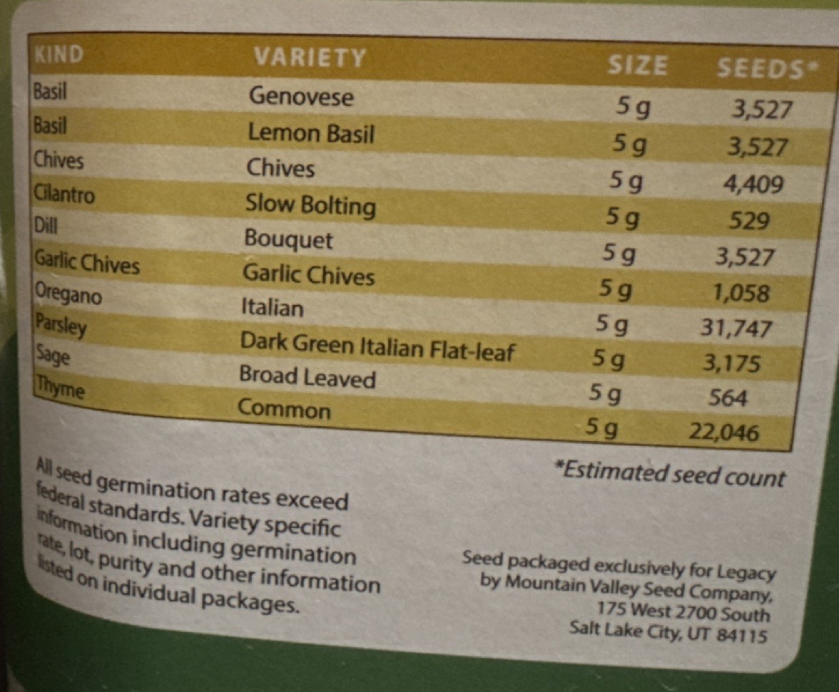 Mountain Valley Seed Co. Herb Seeds Kit Non-GMO Heirloom 10 Varieties Resealable