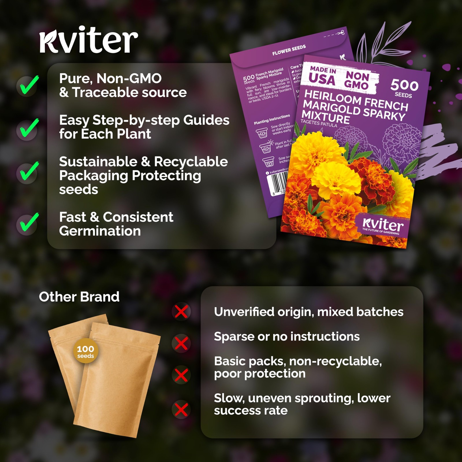 KVITER 500 French Marigold Seeds, Sparky Mix (Tagetes patula)