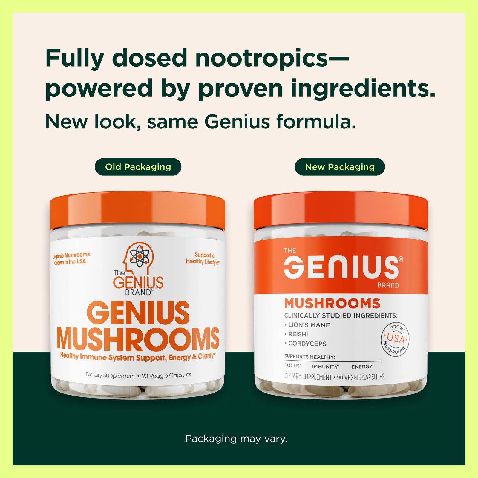 The Genius Brand Mushrooms – Plant-Based 90 Count (Pack of 1), Cream