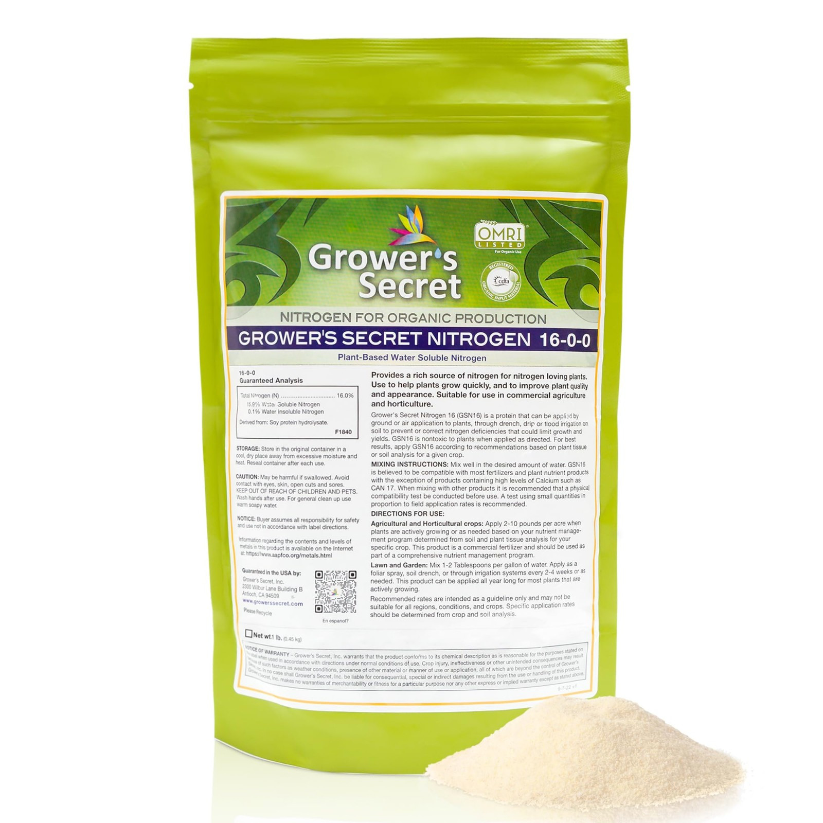 Grower’s Secret Nitrogen 16-0-0 • Organic • Readily Available For Uptake • 1 Lb