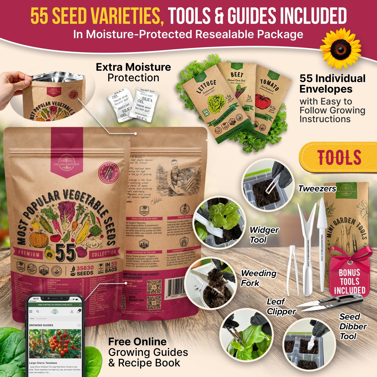 55 Vegetable Seeds Variety Pack – 35,600+ Non-GMO Green, Red, Purple, Yellow
